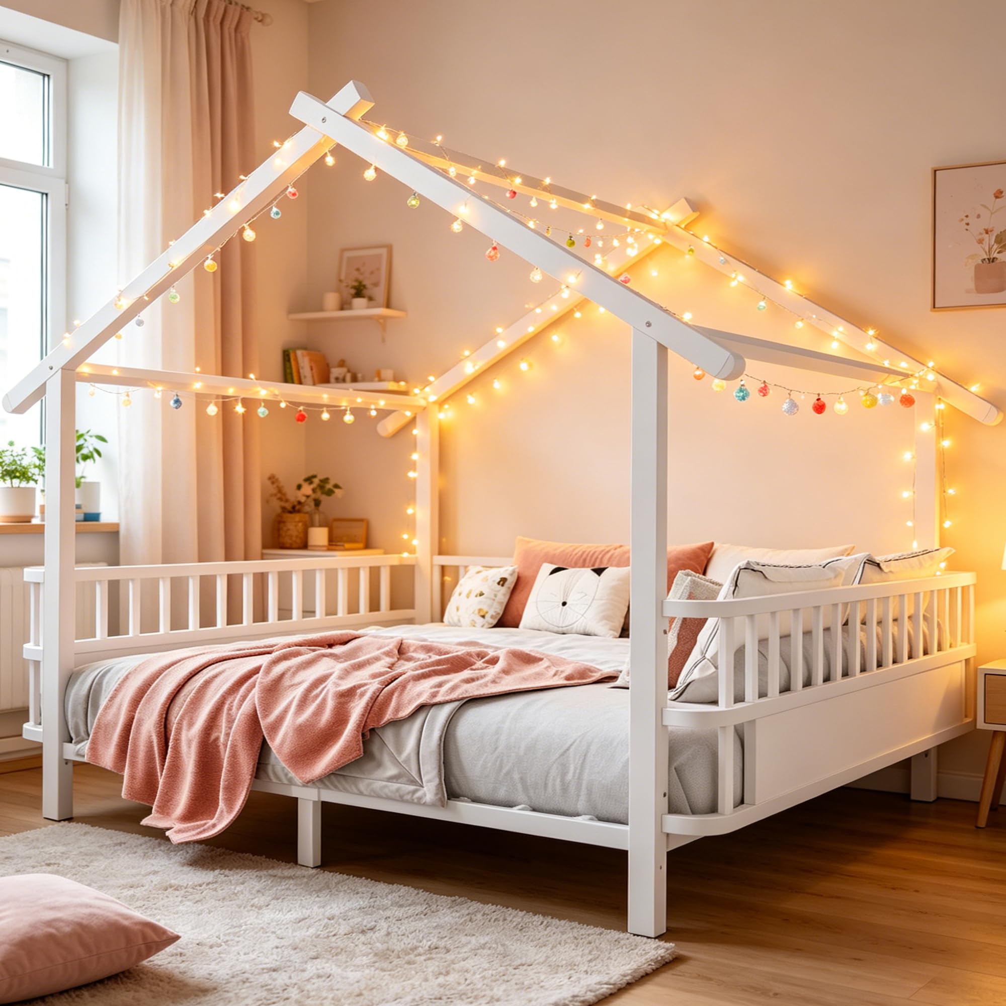 Merax Kinderbett aus Metall in Hausform 140x200 cm mit Sicherheitsgitter & Dachdesign – Weiß (Ohne Matratze)
