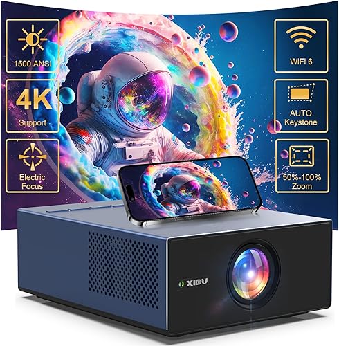 4K Projector with WiFi and Bluetooth, XIDU 1500ANSI Electric Focus Aluminum Alloy Projector, Auto Keystone 1080P Movie projecteur, Dual 8W Speaker, Home Theater Portable Projector for Phone (Naval)