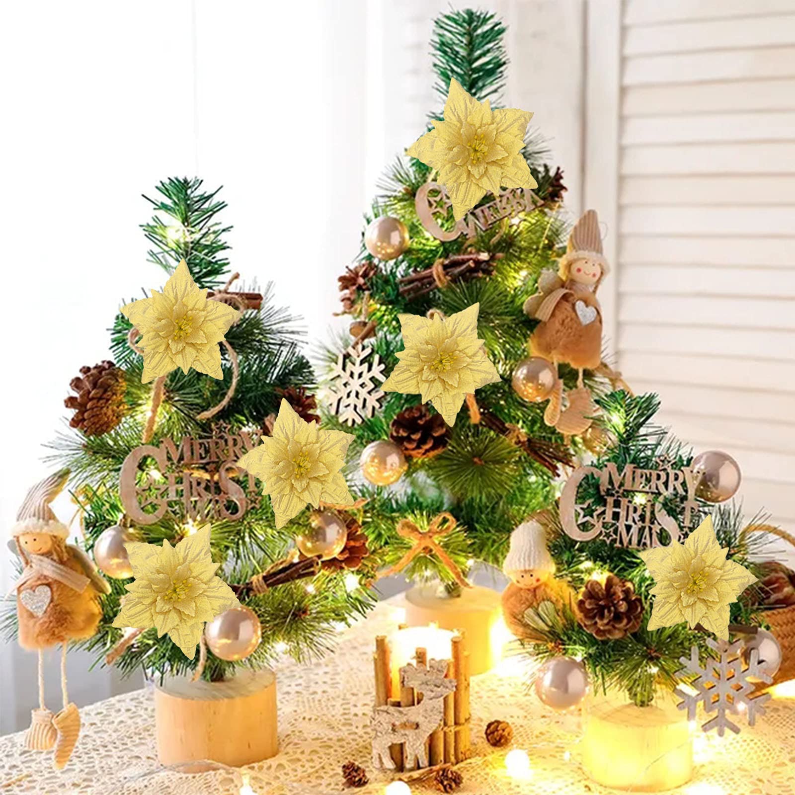 クリスマス　ポインセチア　造花　グリッター Amazon｜クリスマスグリッターポインセチア 造花装飾 10個 クリップ10