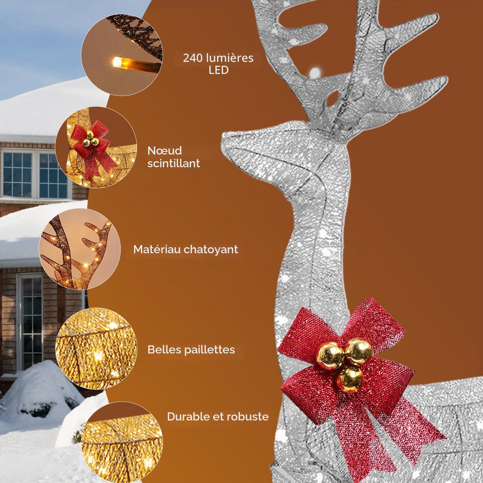 Décoration de Noël extérieure avec renne lumineuse : Figurine de renne LED pour jardin, décoration de Noël extérieure avec lumières blanc chaud, piquets de sol stables, cadre résistant aux intempéries