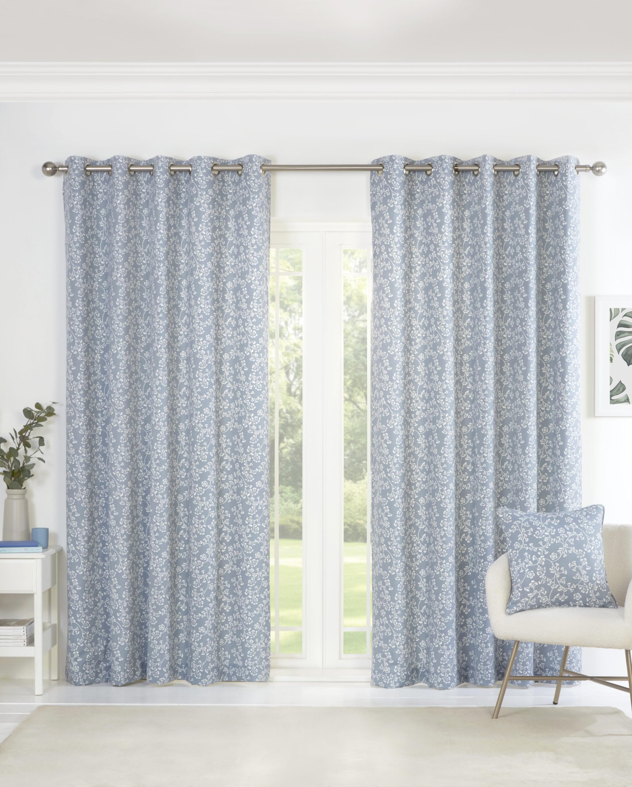 Pikk Blue - Fully Lined Sade - Floral Fully Lined Curtains - 40Mm Eyelet/Ring Top Header - Polycotton (, 90" X 72" / 229Cm X 183Cm)