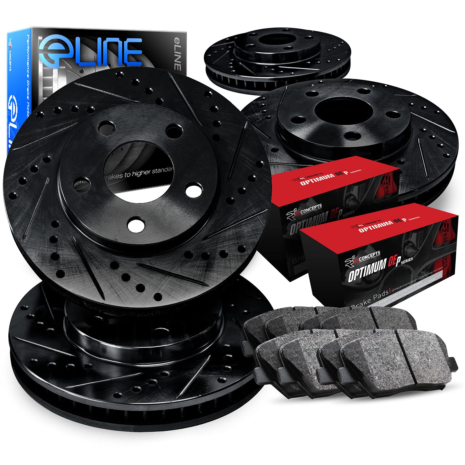 R1 Concepts eLINE Series Front Rear Brake Rotors Drilled and Slotted Black with Optimum OEp Pads Compatible For 1966-1967 Fiat 124