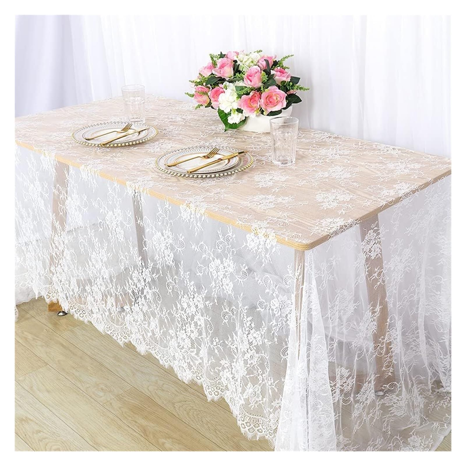 NJIEzhao Embroidered Lace Tablecloth White Vintage Floral Embroidered Lace Tablecloth, Washable Rectangular Table Cloth for Wedding, Bridal Shower(150x150cm)