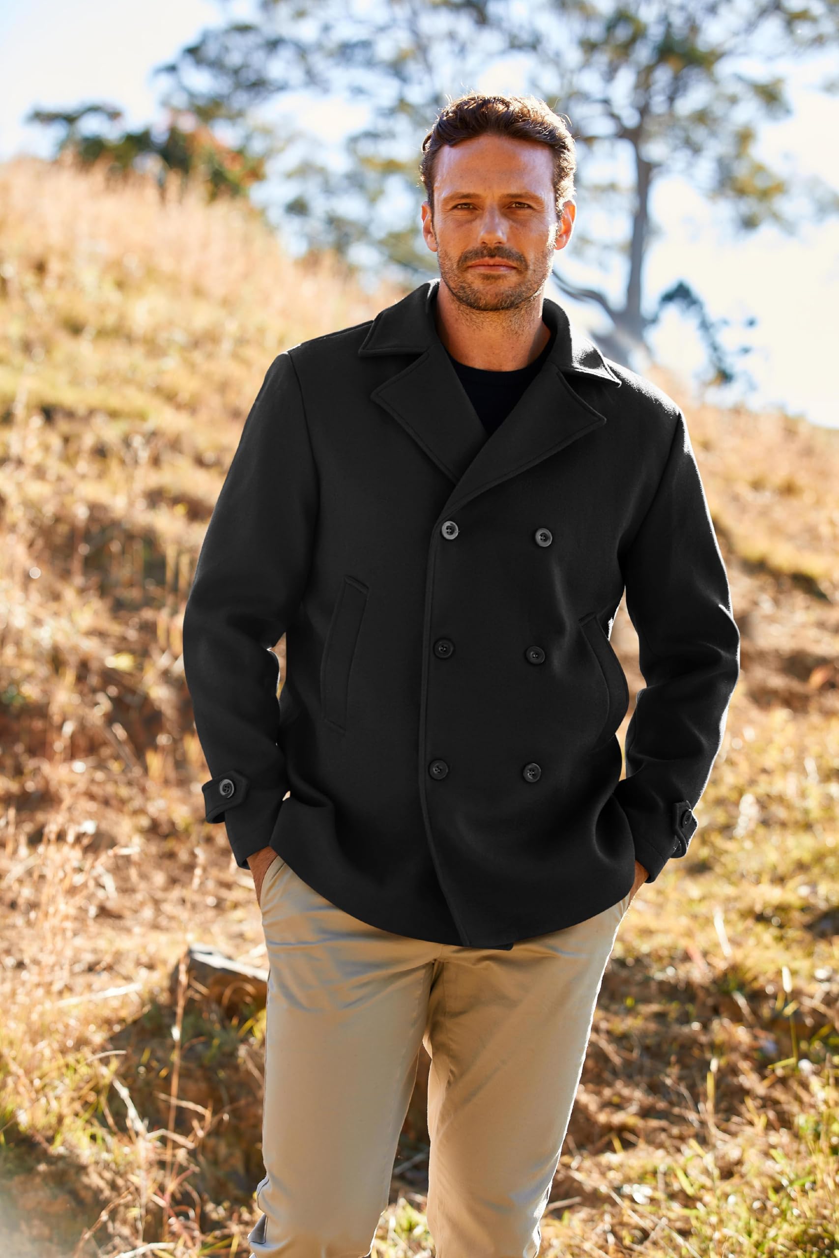 PASLTER Klassischer Business-Trenchcoat für Herren, warm, zweireihig, schwerer Trenchcoat