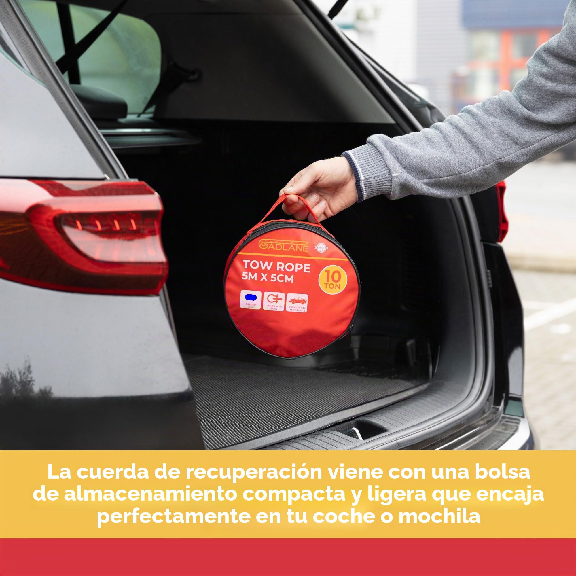 GADLANE Cuerda de remolque de alta visibilidad, 5 m x 5 cm de grosor, capacidad de 10 toneladas (22,000 libras), poliéster resistente al desgaste con extremos reforzados, correa de remolque con
