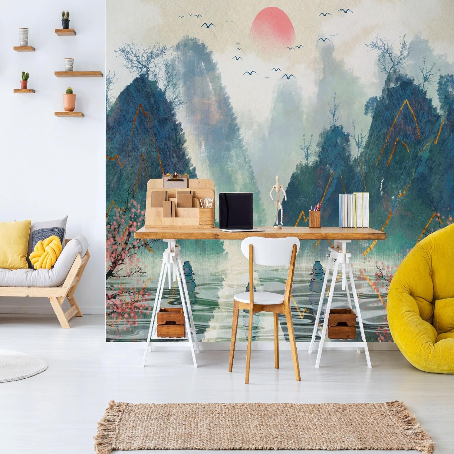 Fotomurales 350 x 256 cm Chino Papel Pintado Tejido No Tejido Vista A La Montaña Fotomural Efecto 3D Papel Tapiz Decorativos pared Murales Póster para Dormitorio Salón TV Pared F30