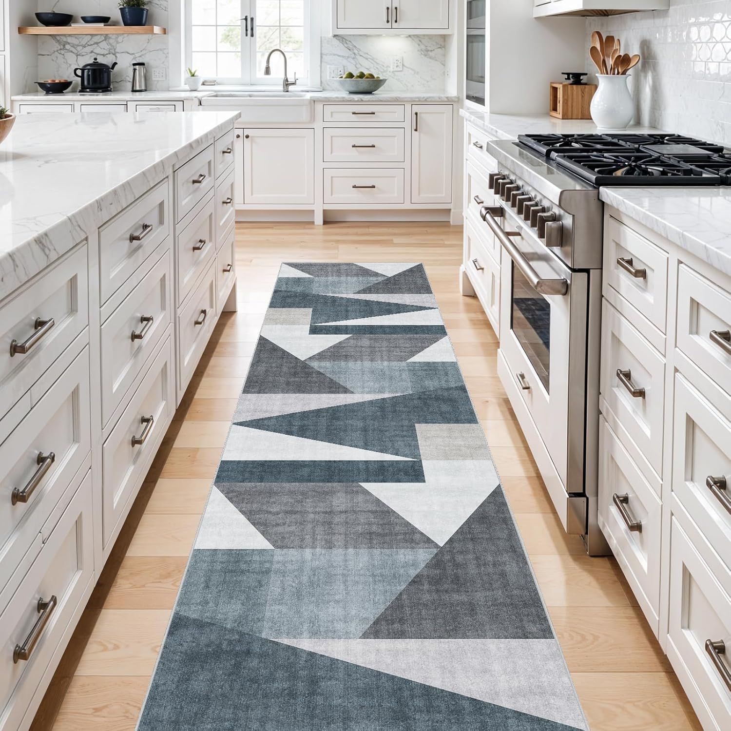 runner rug non slip hallway: 3x12 washable kitchen runner rugs for high traffic areas modern durable long hall carpet with tpe backing easy clean bedroom floor mat soft indoor entryway rug blue/grey blue/grey 3x12
