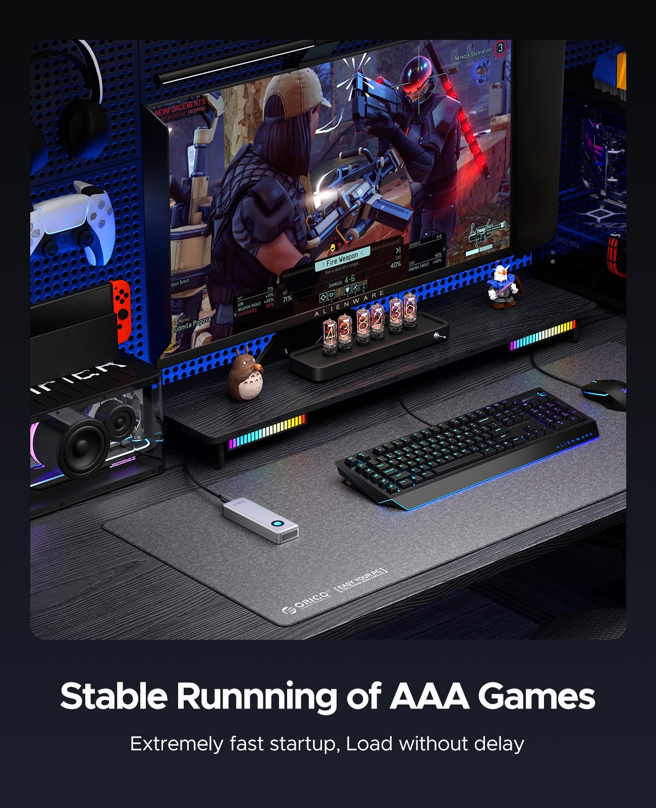 ORICO 40Gbps RGB SSD portatile per 2TB, USB4.0 per 3700MB/s, unità esterna a stato solido con cavo USB C 2 in 1, ventola di raffreddamento integrata, compatibile con Thunderbolt 4/3, PSSD - R3700