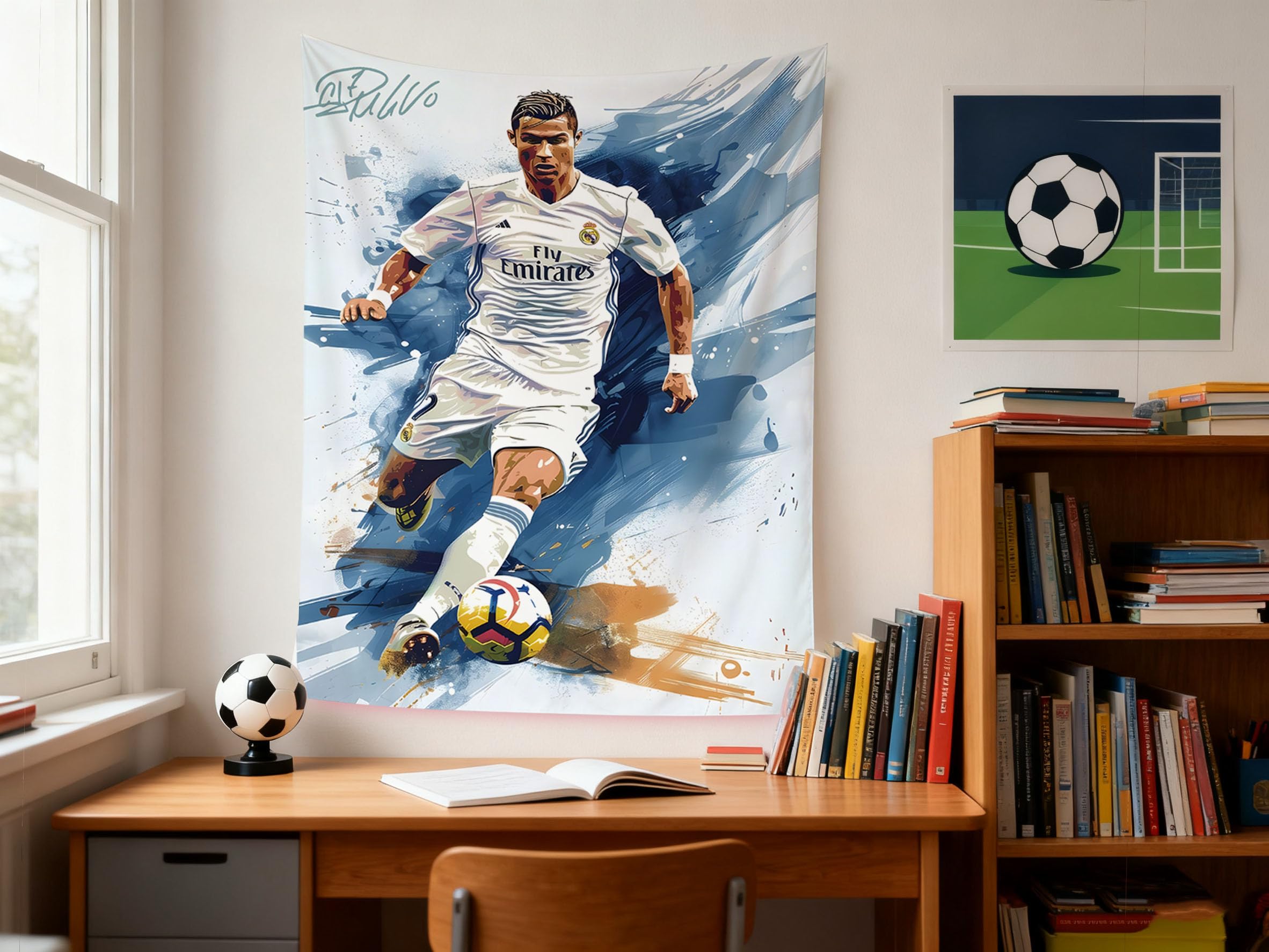 Cristiano Ronaldo World Cup Soccer Tapestry for Teens Fans - Single-Sided HD Fade-Resistant Print, Machine Washable Polyester, 4 Corner Grommets, Indoor Wall Decor for Bedroom/Living Room, 35.4x47.2 Inches (White) — view 4