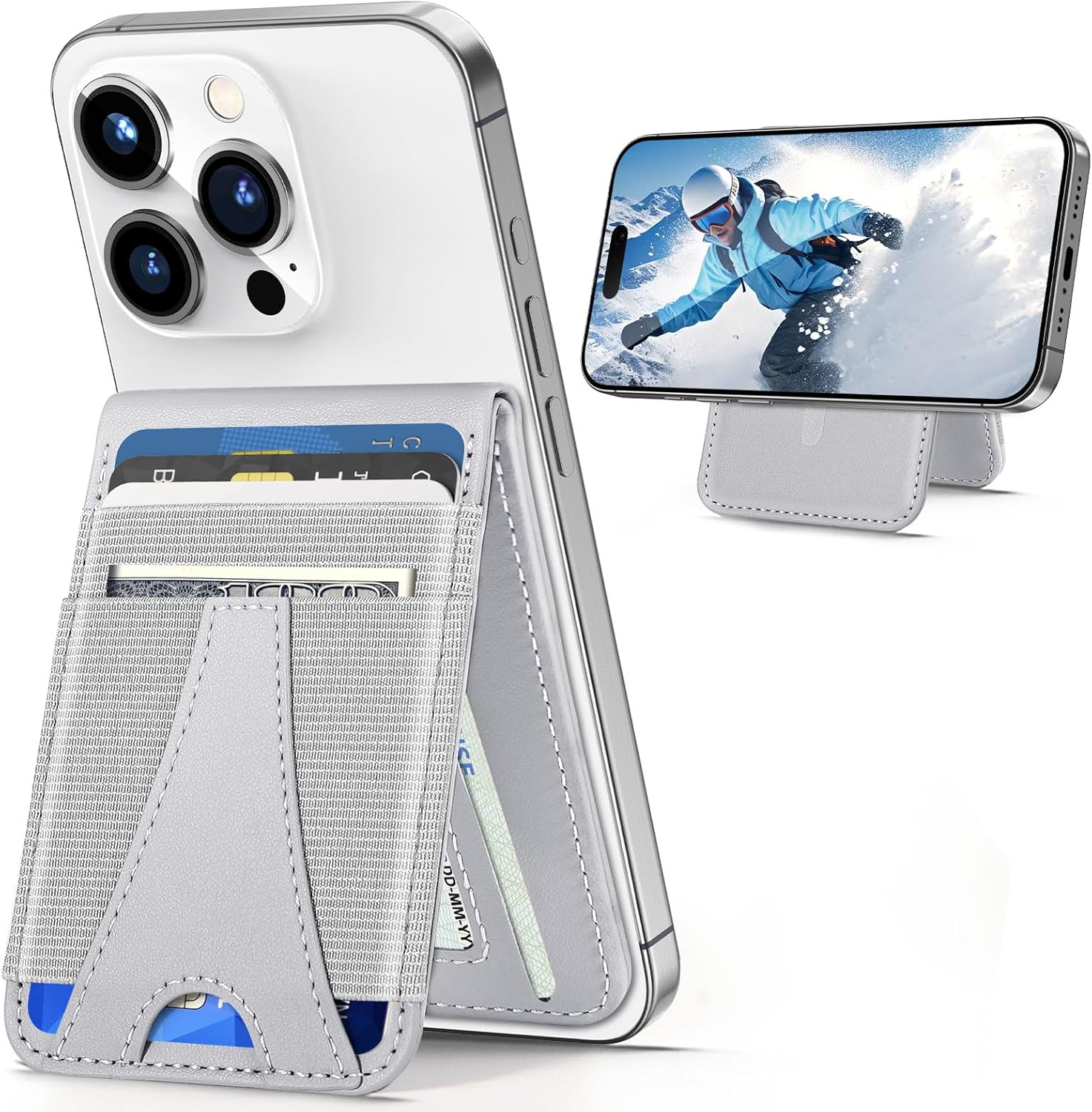 miroddi for magsafe wallet stand, stronger magnetic phone wallet (no more falling), leather magnetic card holder for iphone 15/14/13/12 series, id window, hold 9 cards, rfid blocking, gray, cb122