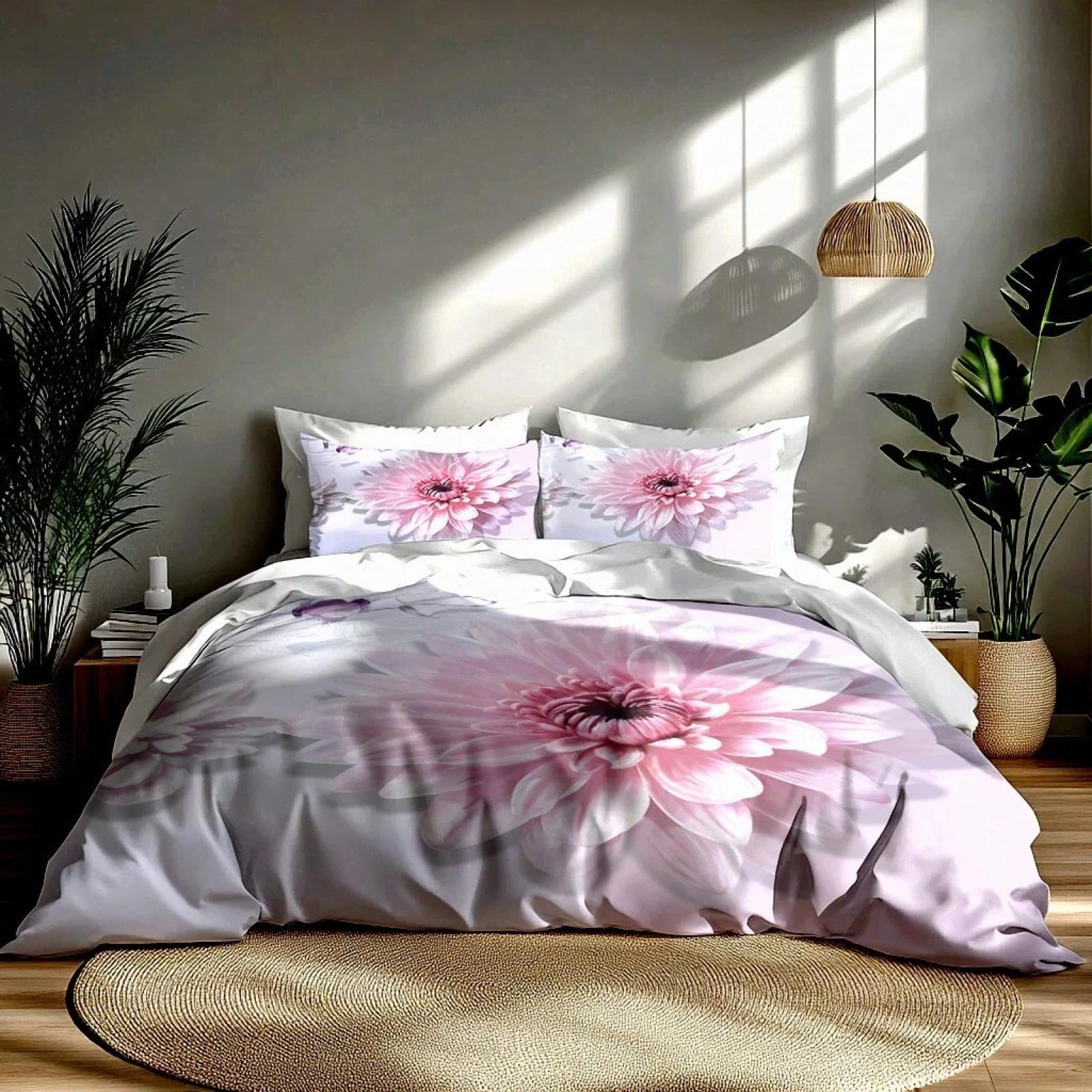 Housse de couette 155x220抗皱 rose 3D chrysanthème pour lit toujours impeccable