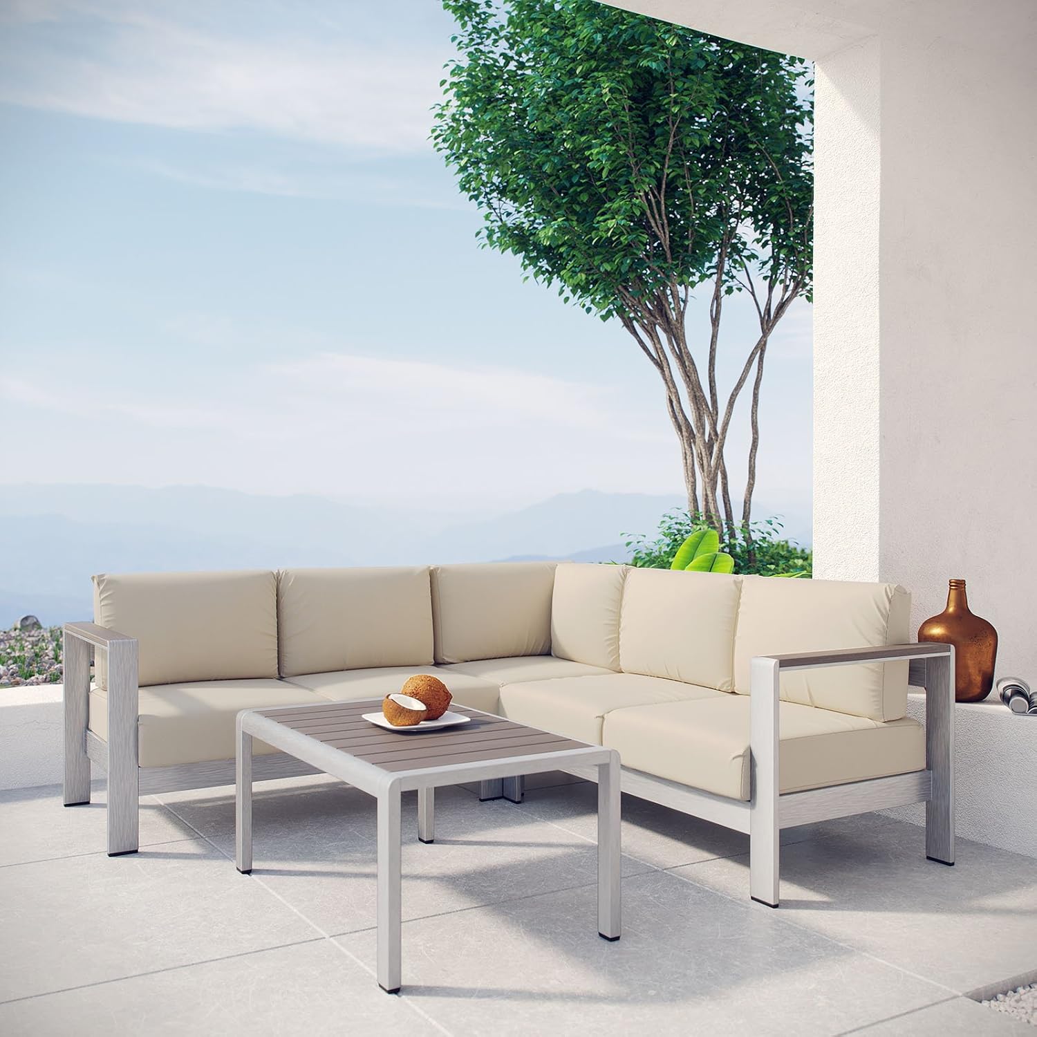 Modway Shore 4-Piece Aluminum Outdoor Patio Sectional Sofa Set in Silver Beige