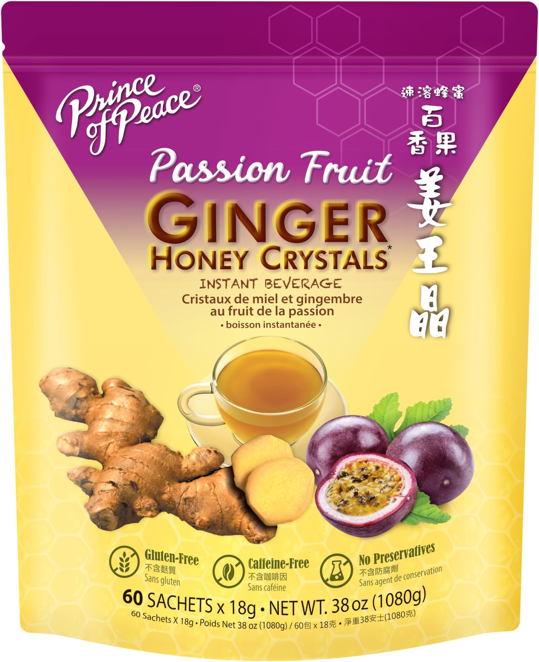 Prince of Peace Instant Ginger Honey Crystal with Passion Fruit 18g x 60 (bag) – Instant Hot or Cold Beverage that Soothes Throat – Easy to Brew – Drink Like a Tea – Gluten Free – Real Ginger