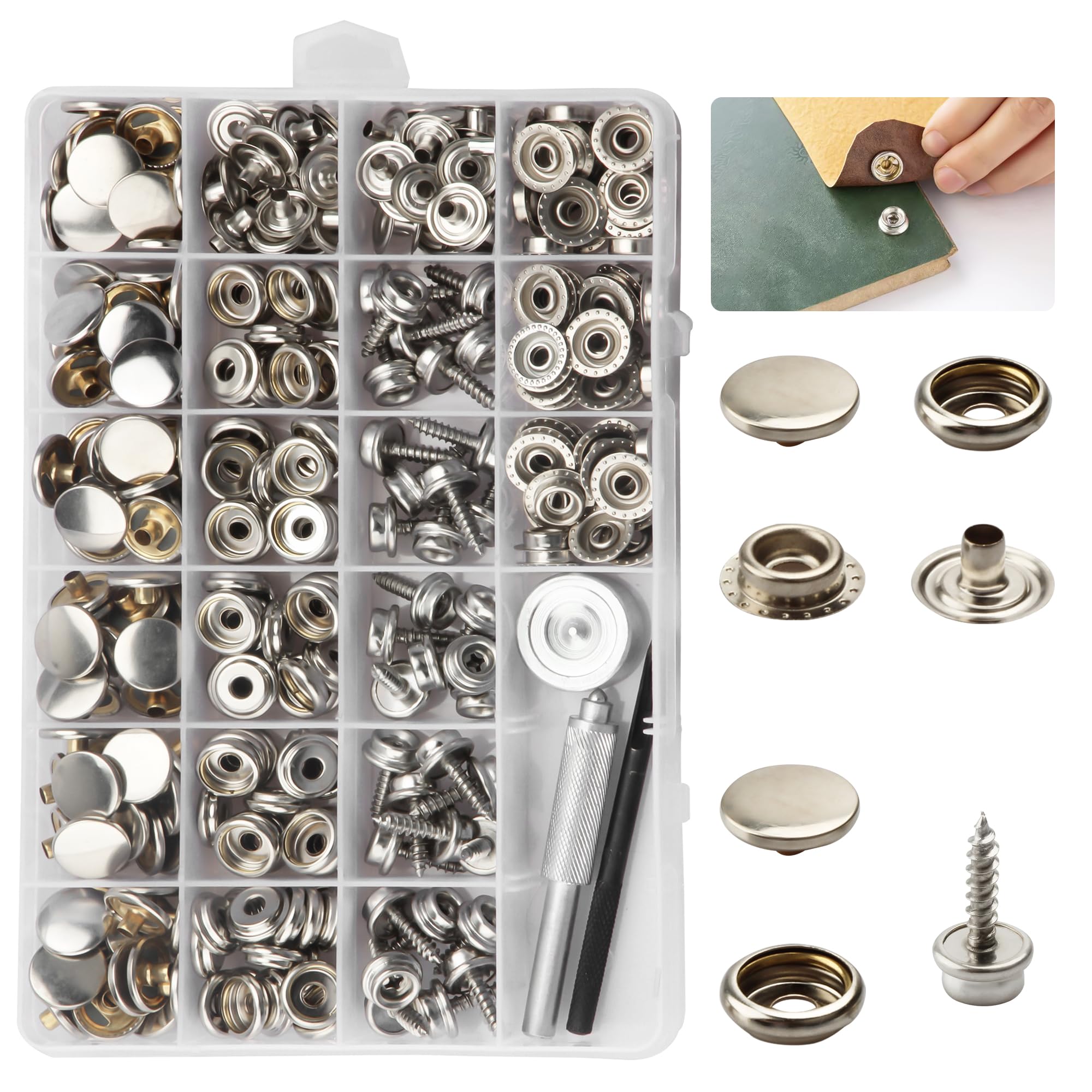 BIOUU Canvas Snap Kit Tool - 363PCS Stainless Steel Snap Fastener Kit for Boat Covers, Carpets and Furniture