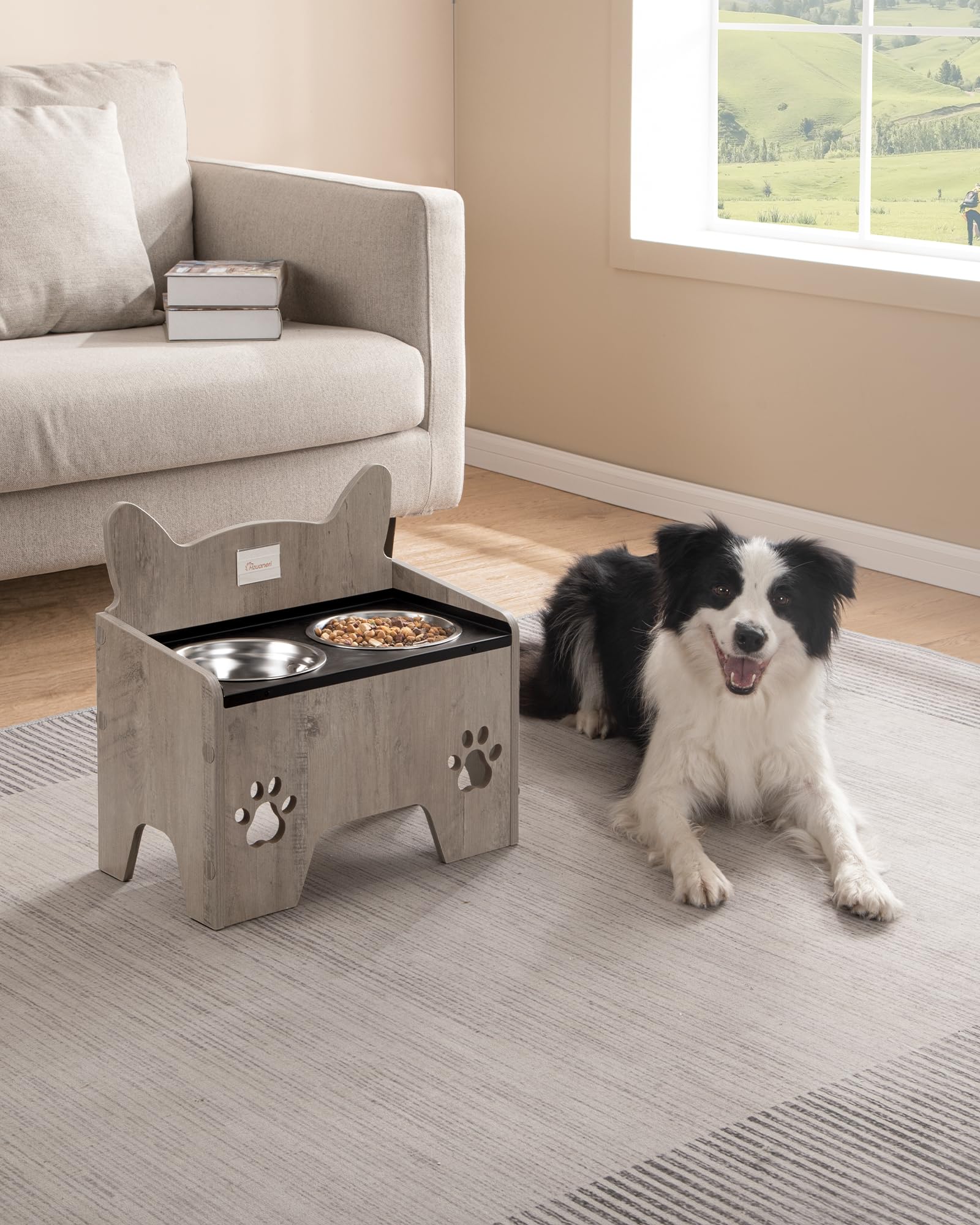 Hzuaneri Cuenco Elevado para Perros, Soporte para Cuencos para Perros con 2 Cuencos de Acero Inoxidable, Juego de Cuencos para Perros Antiderrames, Gris PB07105B