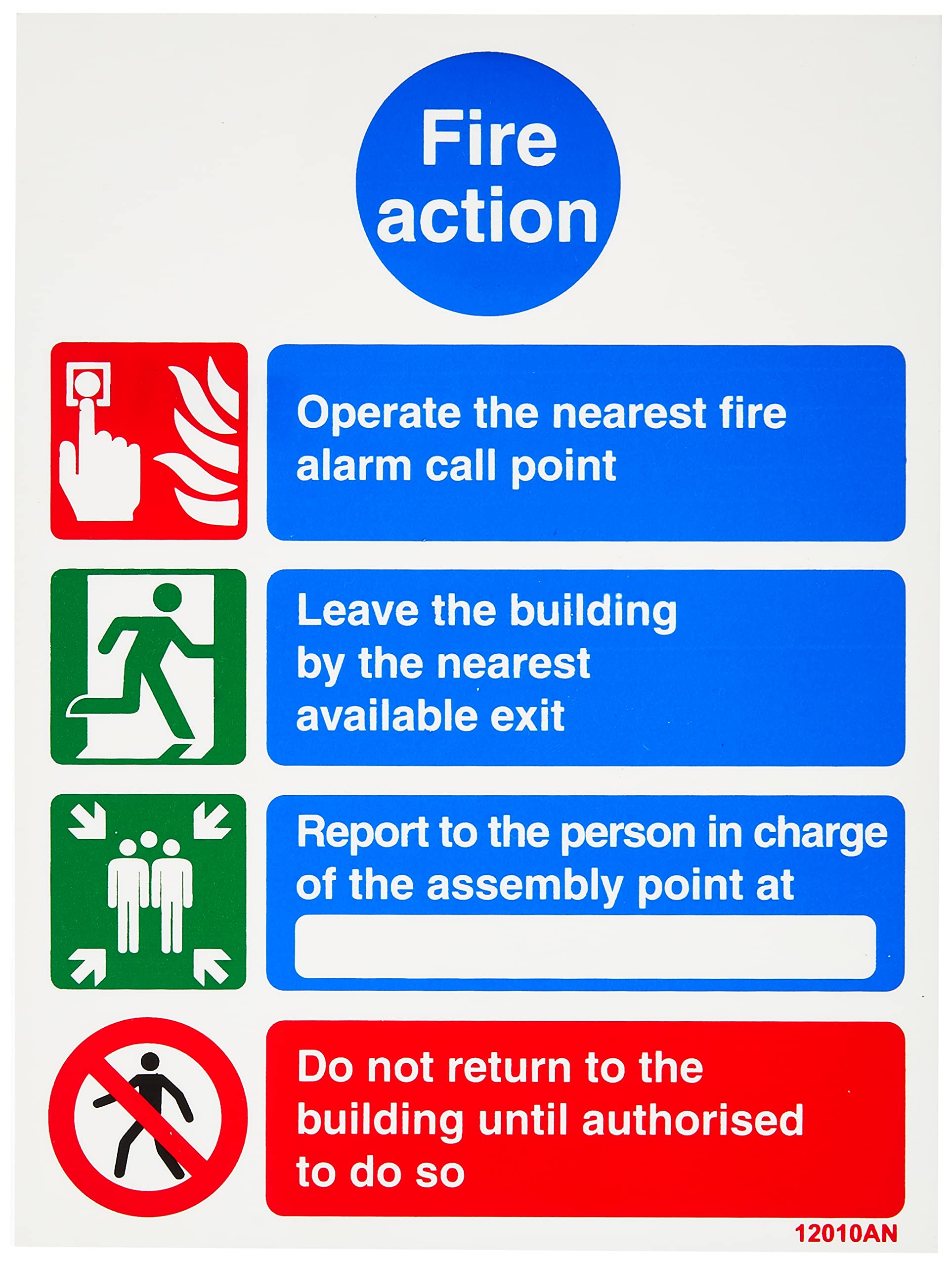V Safety 12010AN-R General Fire Action Do Not Reenter Sign - Portrait - 150mm x 200mm - 1mm Rigid Plastic, Black/Blue/Green/Red
