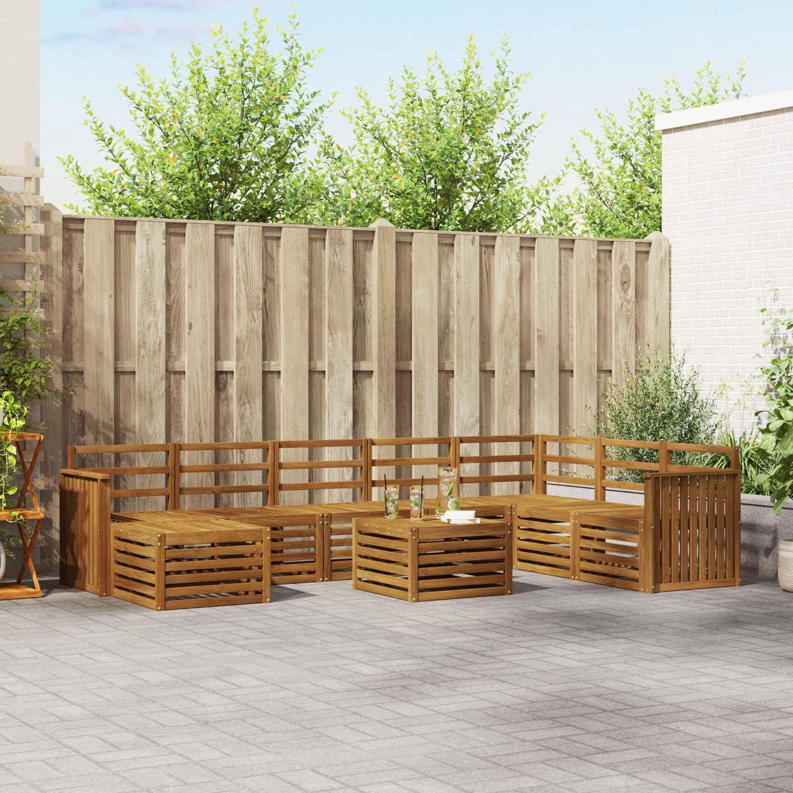 Conjunto de sofás de Exterior 9 pcs Madera de Acacia Natural con Mesa Modular y apoyabrazos, diseño Resistente para terraza jardín hogar