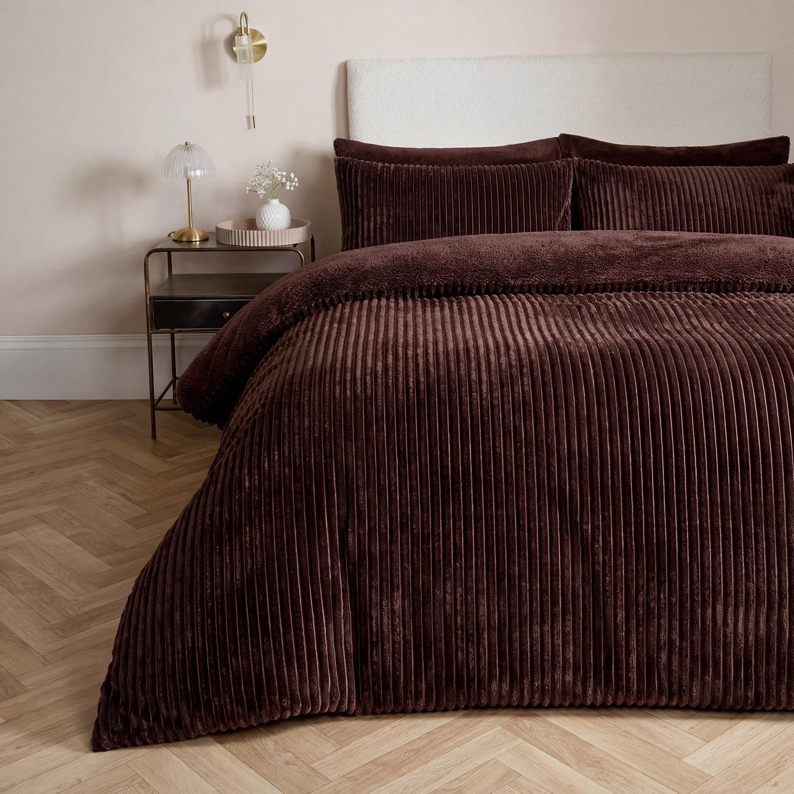 OHS Fleece Duvet Set King Size Ribbed Quilt Cover Winter Bedding, Coffee
