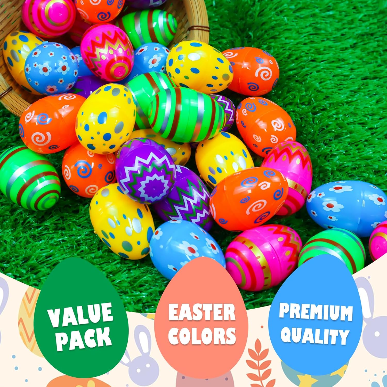 Plastic Easter Eggs Empty, 36 PCS Plastic Easter Eggs Fillable Bulk, Printed Bright Colorful Easter Eggs Decorations for Easter Eggs Hunt Party Favors Easter Basket Stuffers