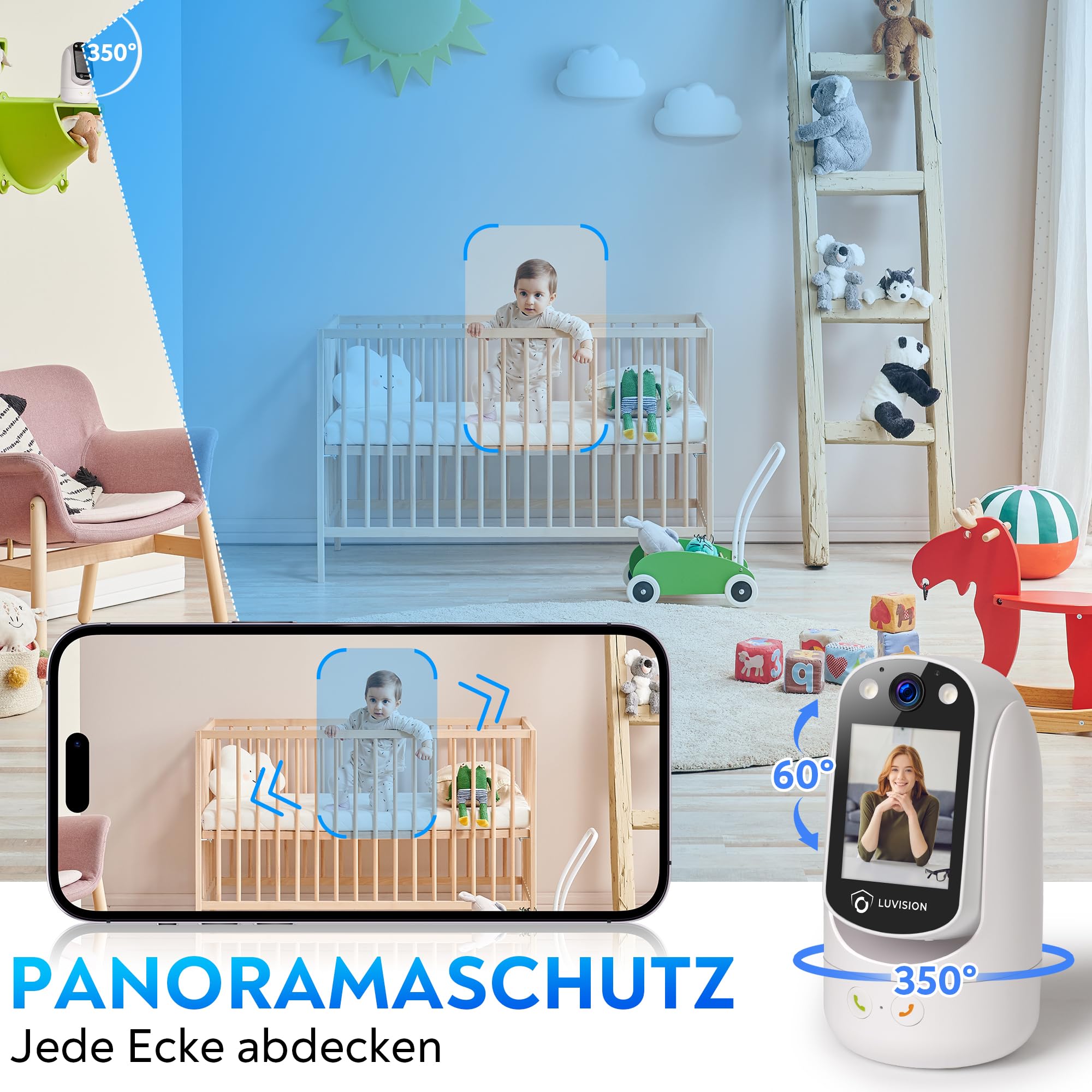 WLAN PTZ Überwachungskamera Auto-Tracking Video Anrufkamera, Telefonkamera mit Gegensprechfunktion für Kinder Senioren und Haustier Überwachung mit App, Nachtsicht, KI Bewegungsverfolgung