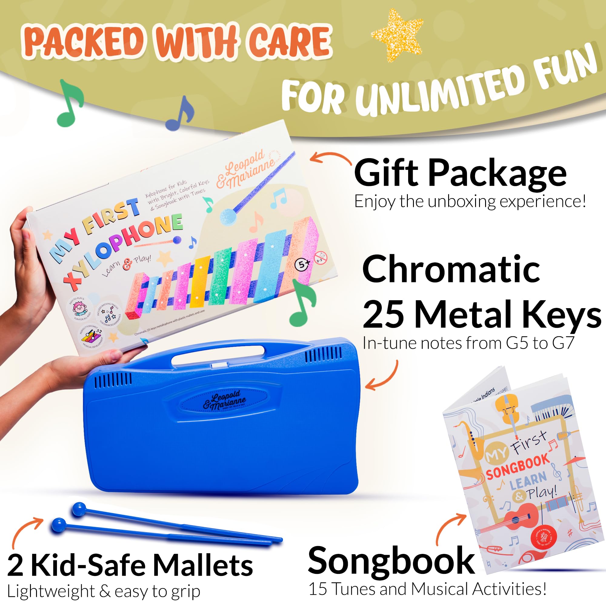 Leopold & Marianne | Xylophone for Kids Ages 5-9 | Kids Musical Instrument | Glockenspiel 25 Notes Chromatic | Color Metal Keys | Music Book Included, Play-Along Videos, Blue Carry Plastic Case
