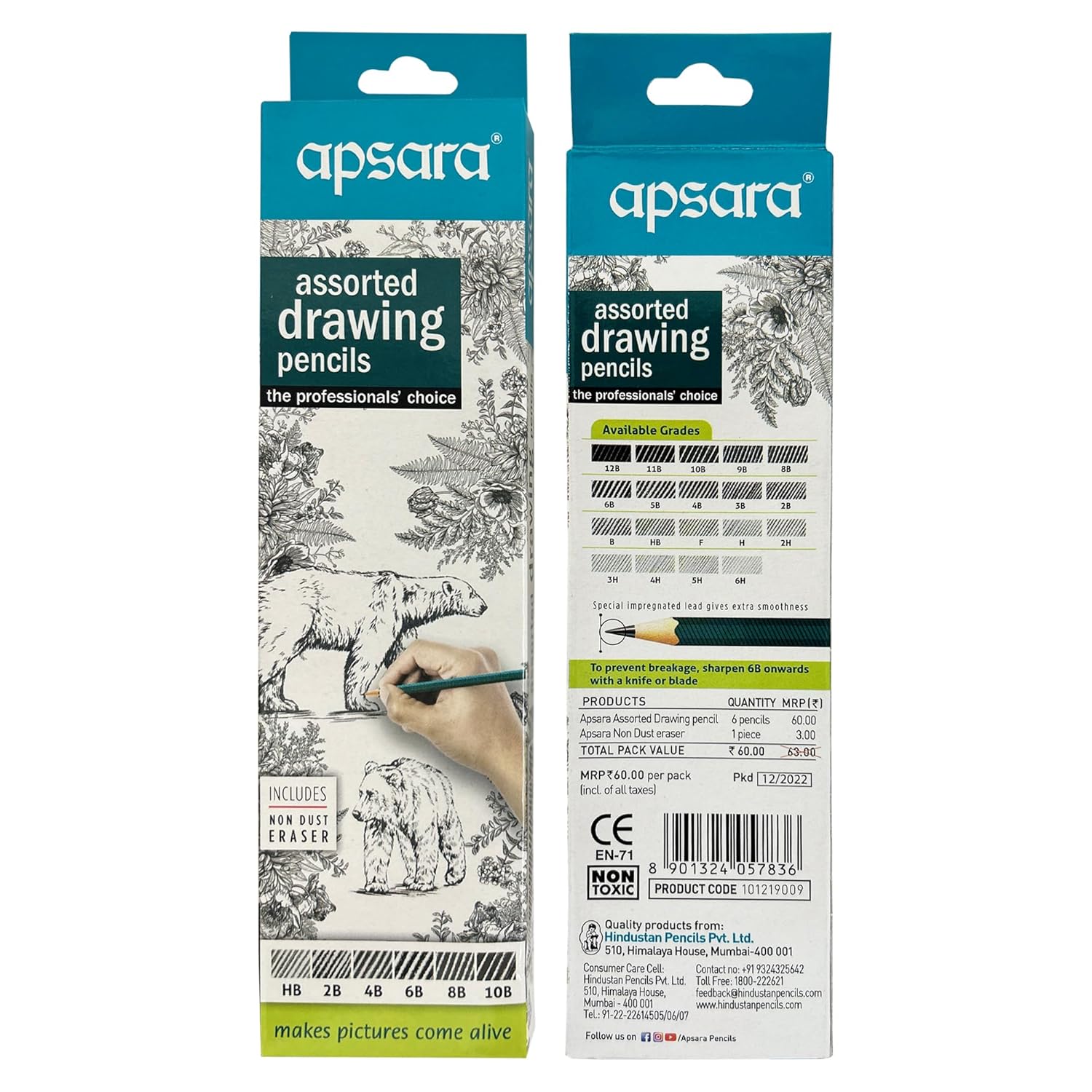 Apsara Assorted Drawing Pencils, HB, B, 2B, 2B, 4B, 6B Pack of 6