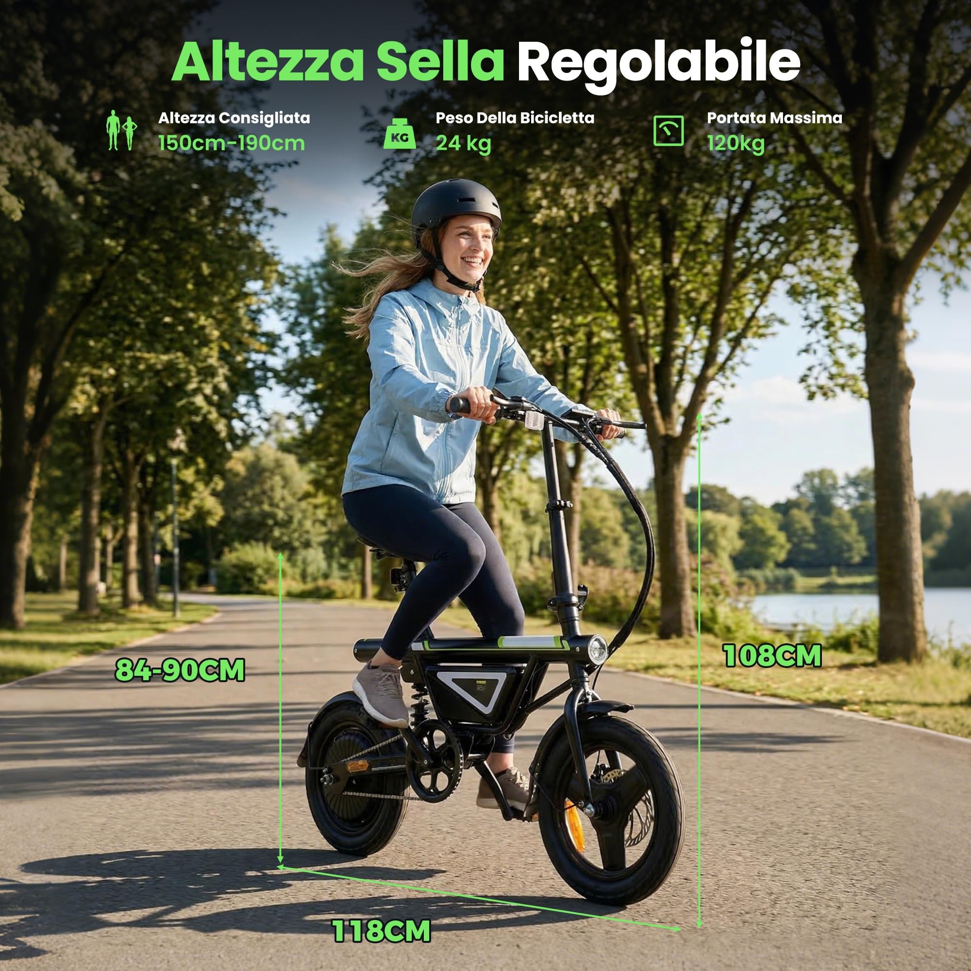 Finbike Bici Elettrica Pieghevole 14", 432WH Batteria, Autonomia di 30-50 KM, Motore 250W, E-Bike per Adulti e Adolescente, Carico 120kg, 10/15/25KM/H