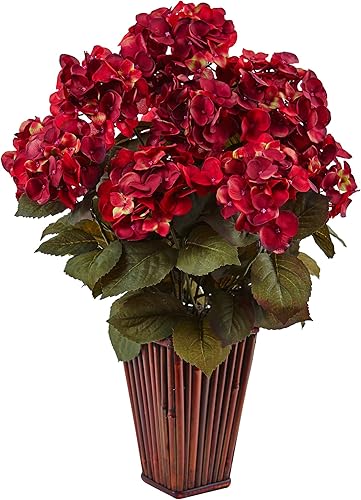 Nearly Natural 1476-RU NA Arreglo de seda de hortensias en maceta de bambú, óxido