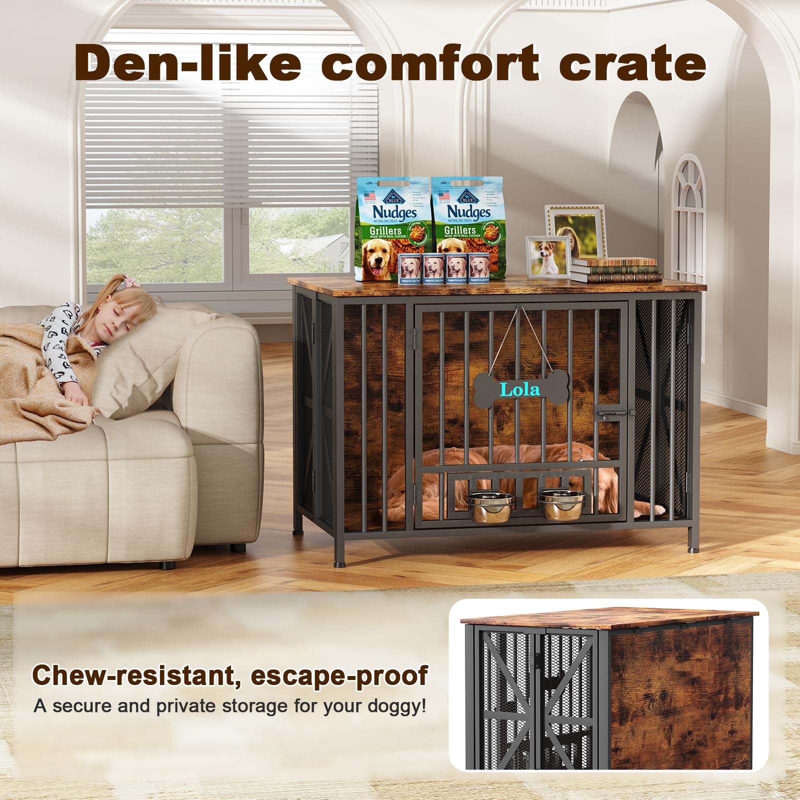 Faltbarer Großer Hundekäfig Möbel für M/L/XL Hunde, 105cm Montagefreie Holz Indoor Hundebox für Zuhause, mit Hundenäpfen & Namensschild, als Beistelltisch & TV-Ständer, 105x65x72cm, Braun