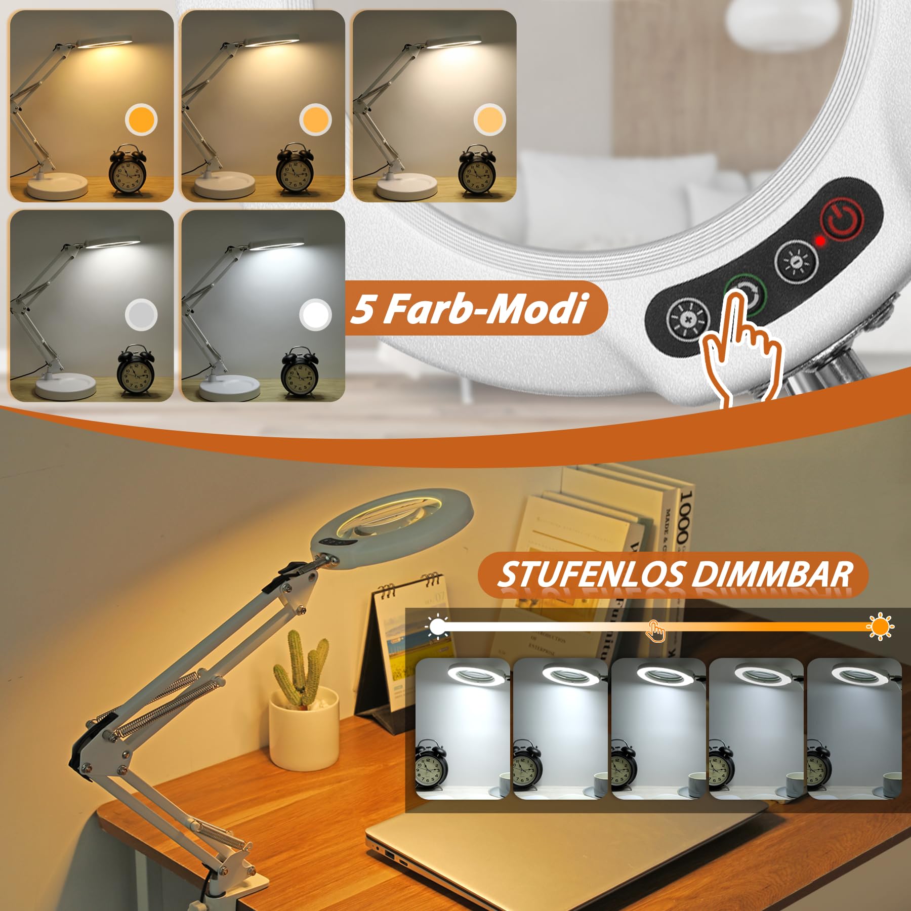 Veemagni 12X Lupa con luz, 5 Modos de Color, Regulable sin Niveles, lámpara de Escritorio 2 en 1 y Abrazadera, Lupa iluminada LED con luz y Soporte, Manos Libres para Manualidades, aficiones, Pintura
