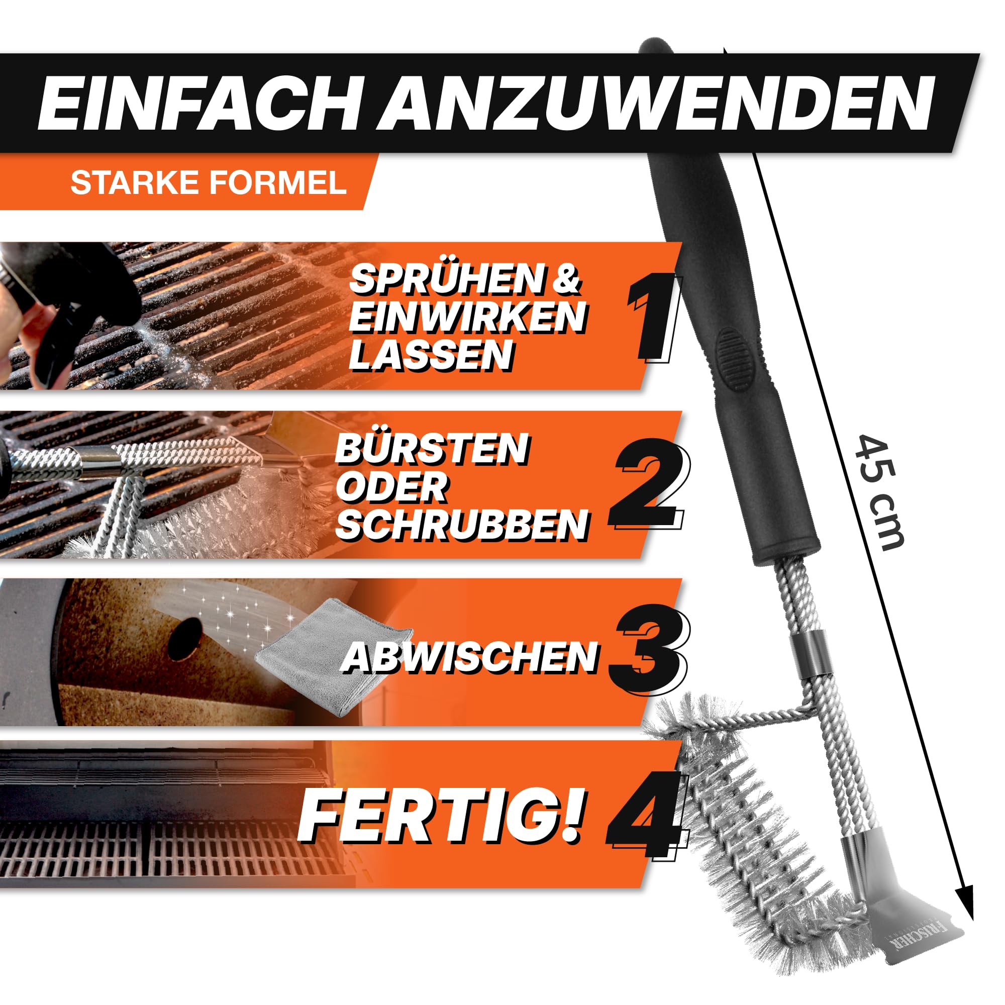 Grillreiniger Set 4-teilig: Grillrost-Reiniger 500 ml + Grillbürste + Mikrofasertuch & Schwamm - Zur effizienten Reinigung & Pflege von Grill, Grillrost