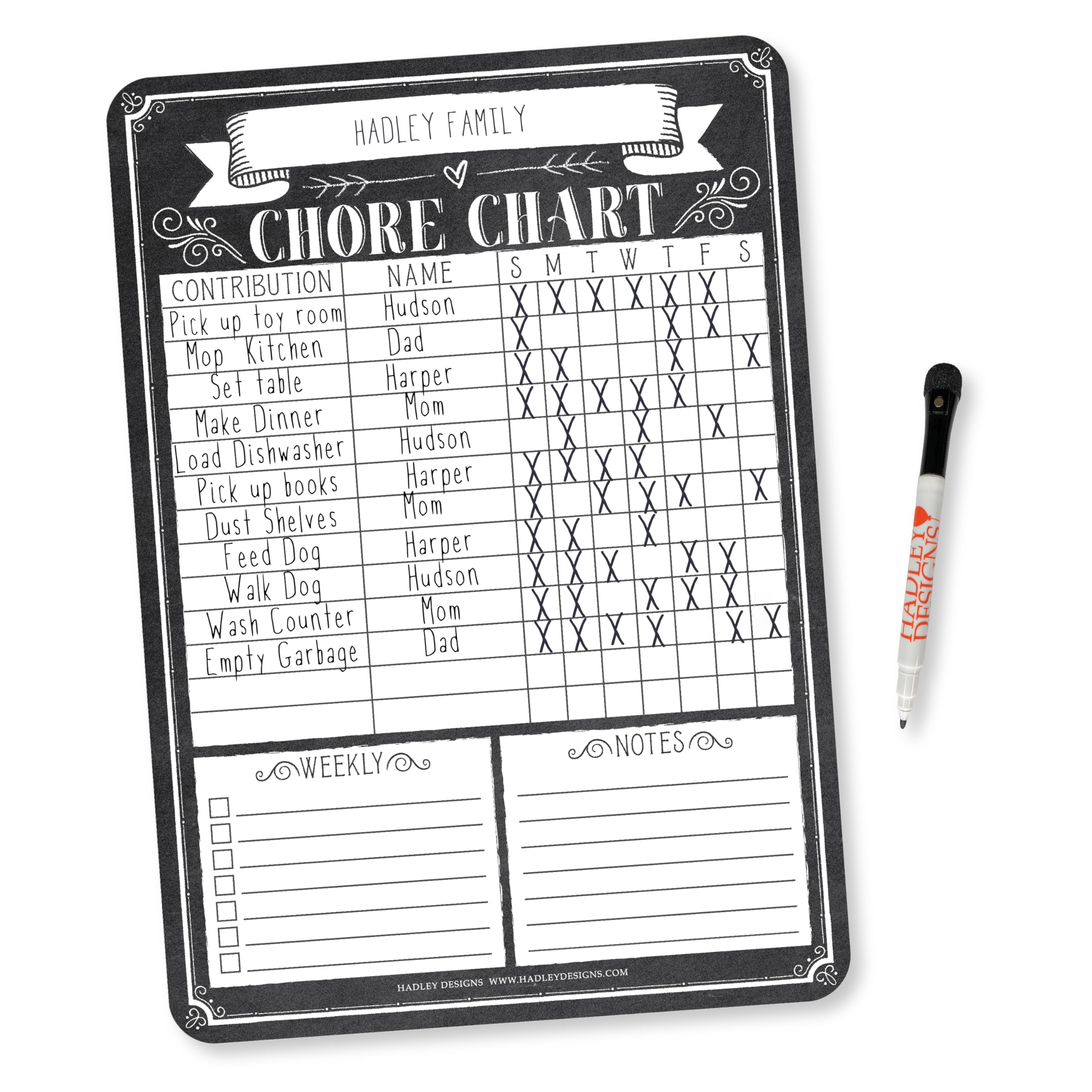 Hadley Designs Magnetic Chore Chart for Kids and Families – Reusable Dry Erase Responsibility Board – Daily Toddler Chore Chart for Ages 4-6 – 12x17