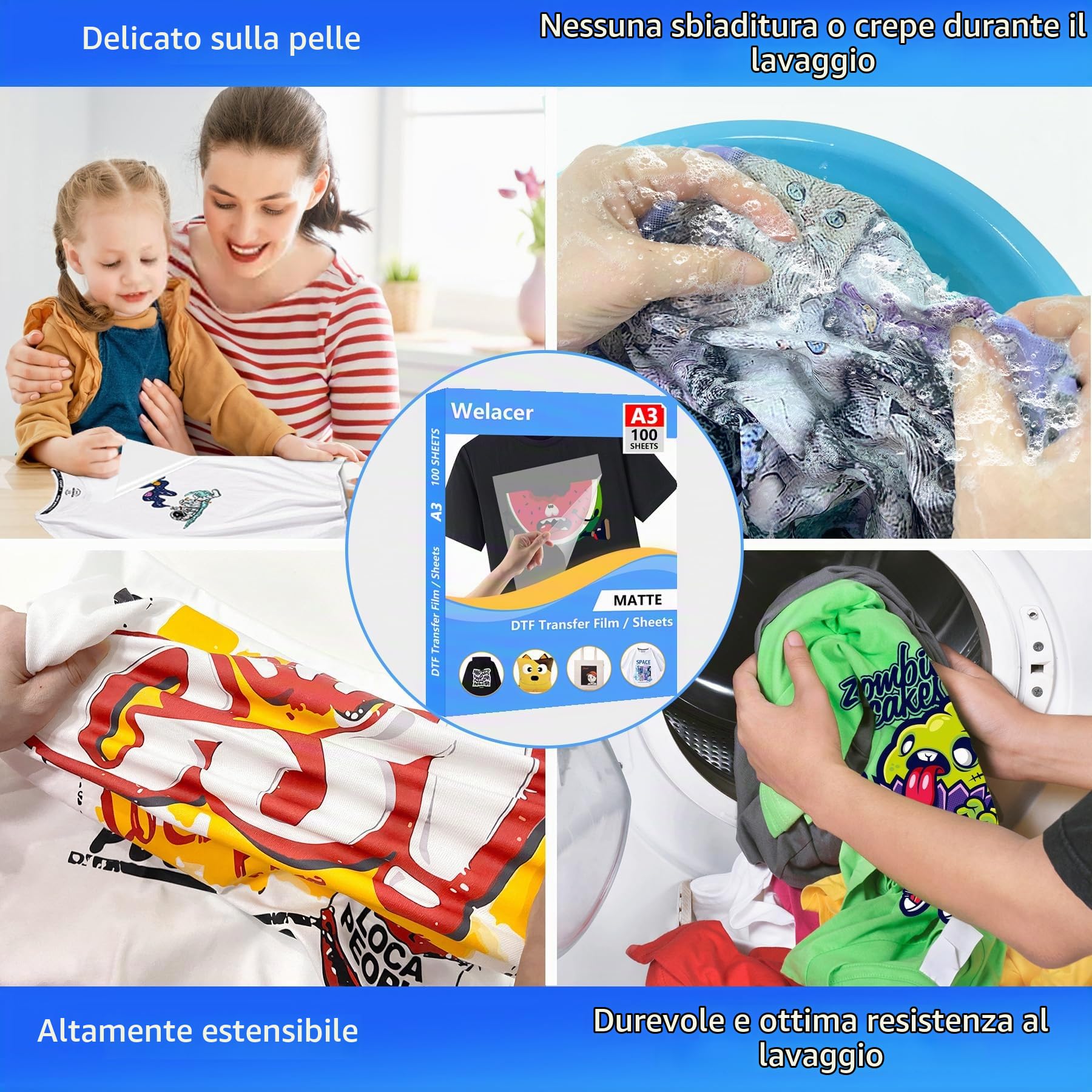 A3 (29,7cm x 42cm) 100 fogli DTF Transfer Film Stampa Diretta per Sublimazione Matt Doppio Lato, Clear DTF PET Transfer Film Fogli di Carta per Stampante Inkjet
