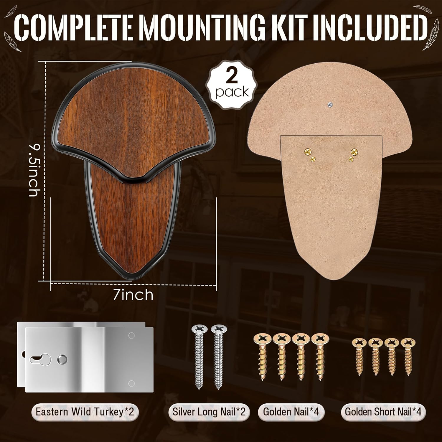 2 Pack Turkey Fan Mount Kit, Wooden Turkey Tail Mount for Hunting Assemble Display, Easy to Install Hunting Accessories Kit, Hunter Gifts