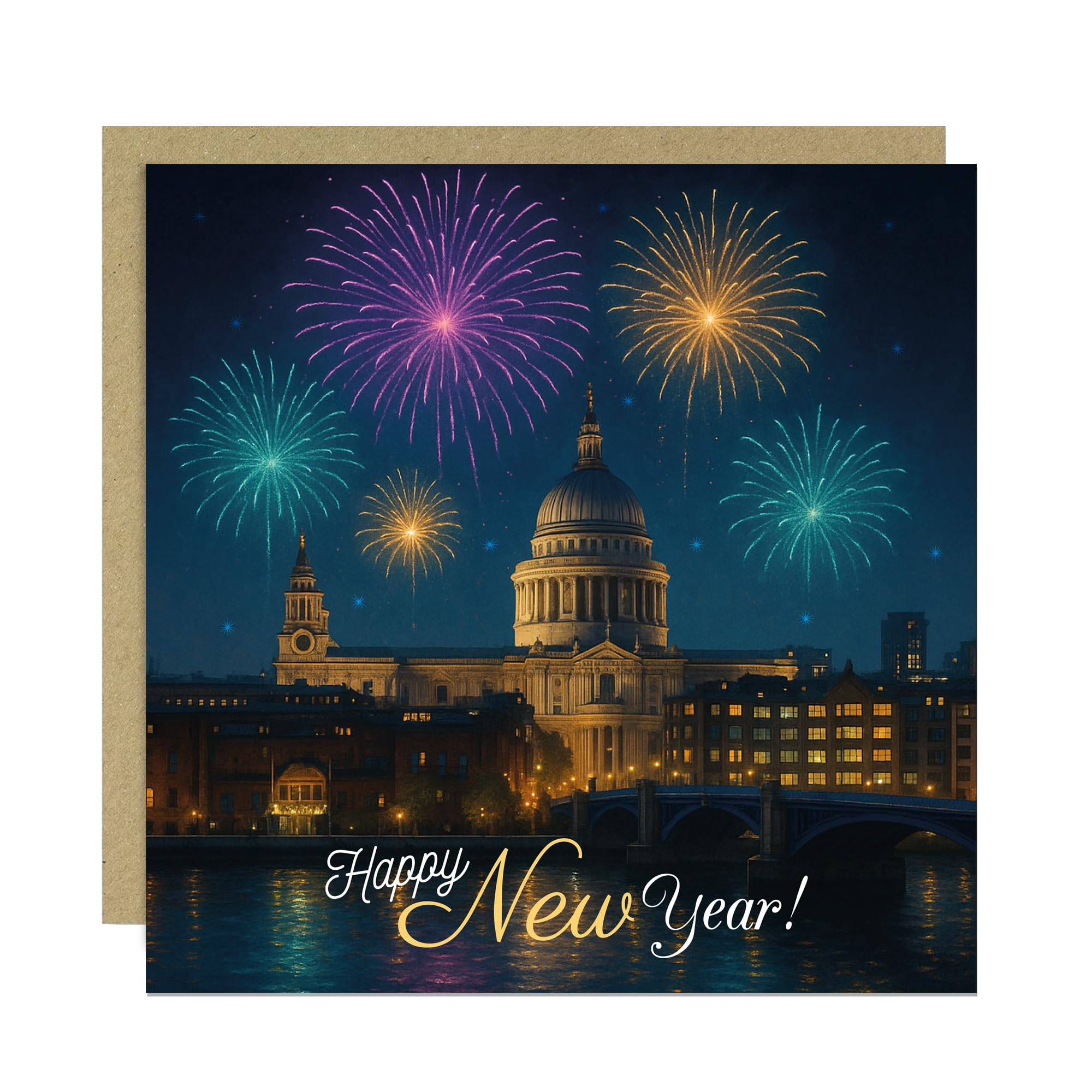 RED OCEAN New Year Card For Family Friends and Neighbours New Years Eve Fireworks London Scene Card For Him Her 145x145mm With Kraft Envelope