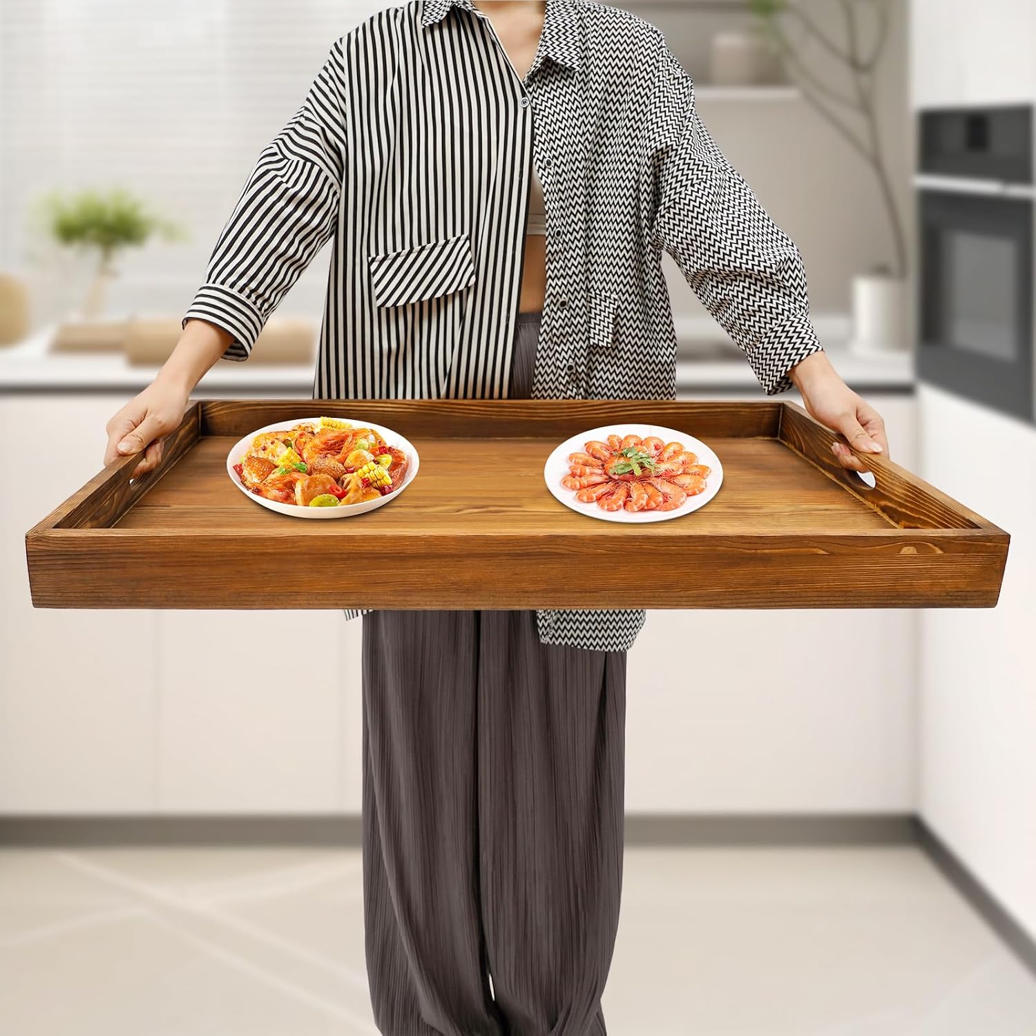 Noodle Board Stove Top Cover, 28" x 21" Heavy-Duty Wooden Stove Cover for Electric Stove with two sturdy handles, Gas Stove, Wooden Decorative Rustic Kitchen Serving Tray (Log Color)