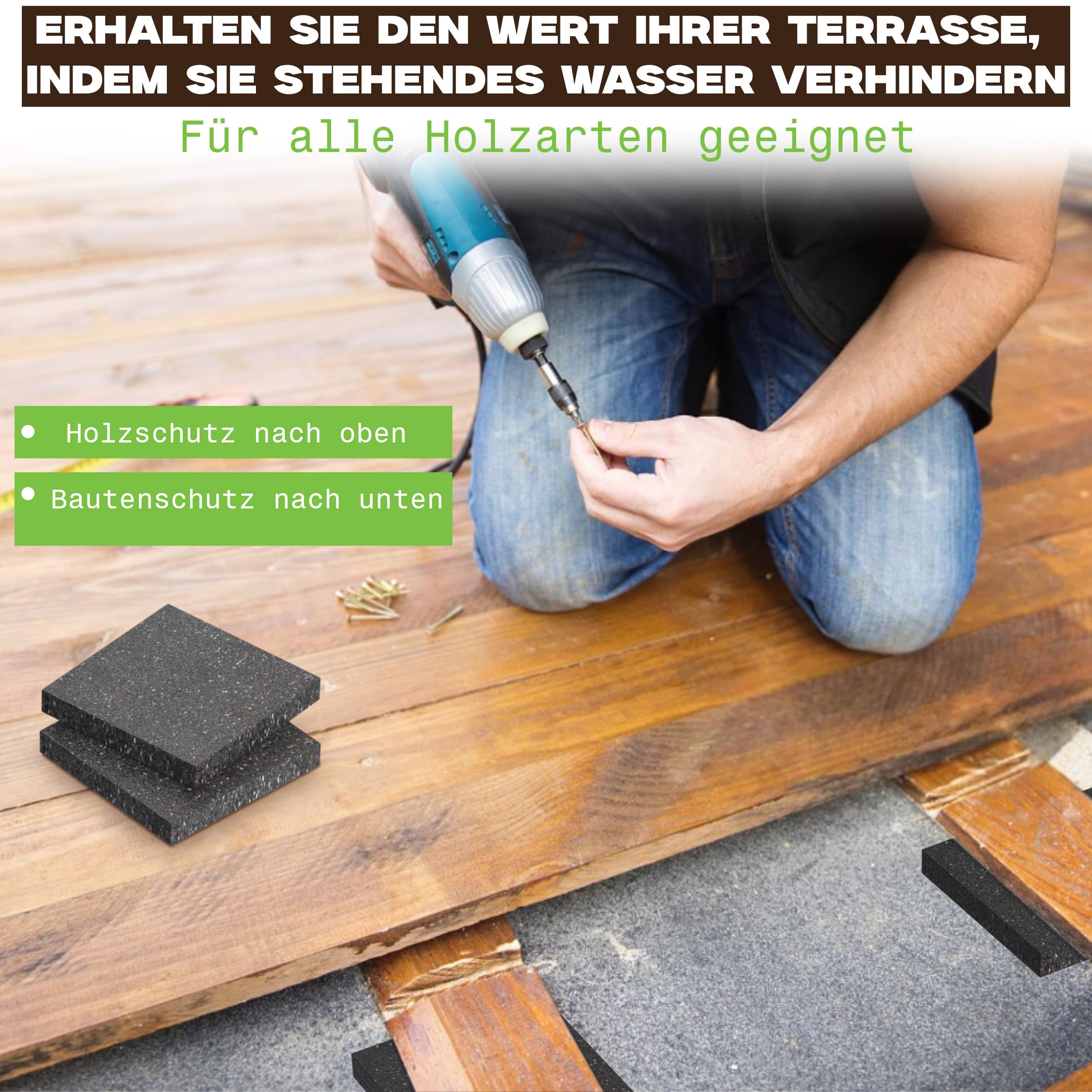 200 cuscinetti per terrazze, 90 mm x 90 mm x 10 mm, in granulato di gomma per terrazze in legno e terrazze – 3/6/8/10/20 mm di spessore, made in Germany, protezione per costruzioni per
