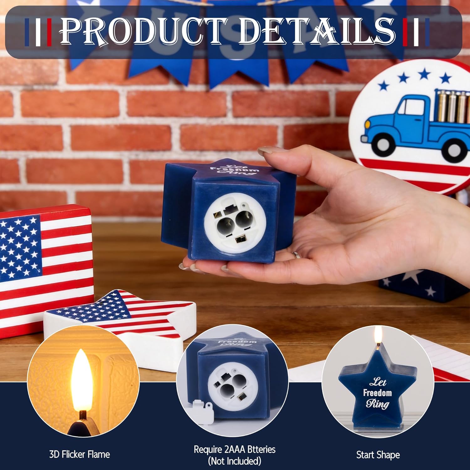 4th of July Star Shaped Flameless Candles with Remote and Timer, Real Wax Red White and Blue Patriotic LED Candles, Battery Operated Fourth of July Decor Set