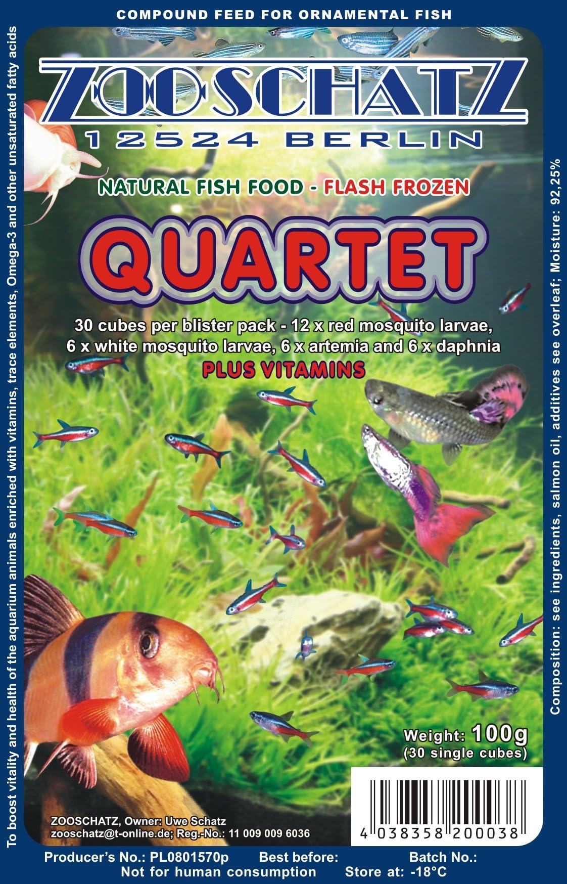 *** BUY 2 AND GET 1 FREE *** FROZEN TROPICAL QUARTET - Fish food in 100g blister pack - Excellent for most types of freshwater fish