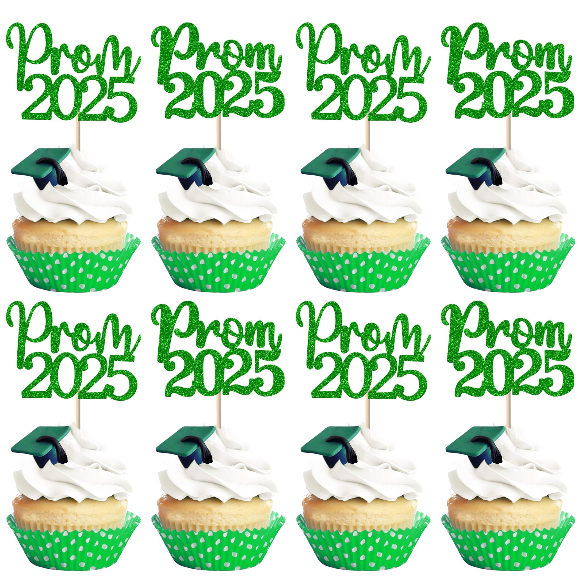 SYKYCTCY 24 Pack Prom 2026 Graduation Cupcake Toppers Glitter 2026 Prom College Cupcake Picks for Congrats 2026 Graduation Class of 2026 Theme School Party Cake Decoration Supplies Green