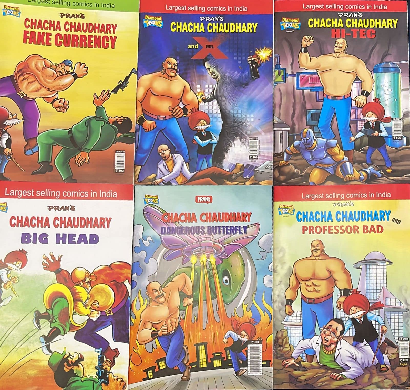 Chacha Chaudhary English Comics Set of 6 March 2023 Release Kids English Comics by Pran Chacha Chaudhary and Fake Currency, MrX, Hi-Tec, Professor Bad, Dangerous Butterfly, Big Head [Paperback] Chacha Chaudhary