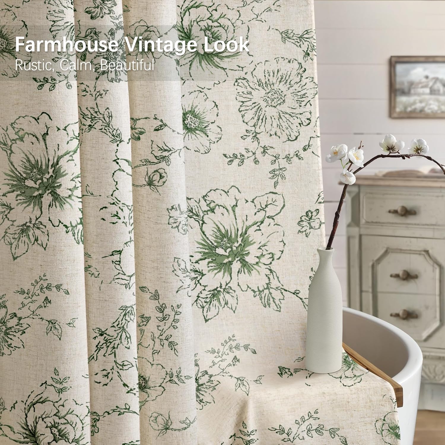 Farmhouse Floral Linen Shower Curtain, Vintage Green Spring Pattern Rustic Shower Curtains for Bathroom, Tan Taupe,72x72