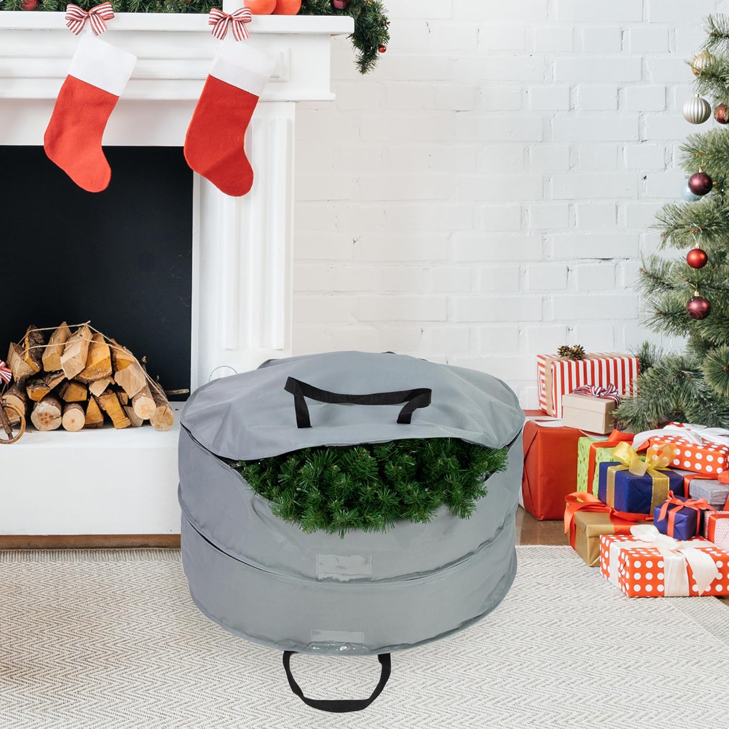 30" Gray Multi-Seasonal Double Wreath Storage Bag