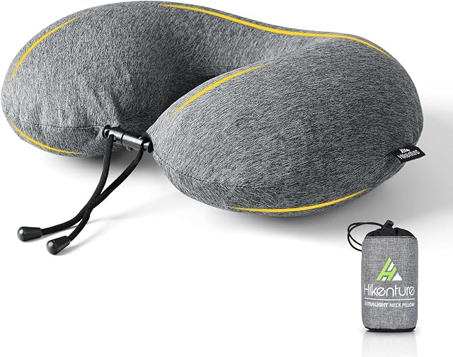 HIKENTURE Neck Pillow for Travel-Inflatable Travel Pillow with Removable Cover-Portable Adjustable Airplane Pillow for Plane-Comfortable Ergonomic Flight Pillow-Fully Inflated in 3 Breaths(Grey)