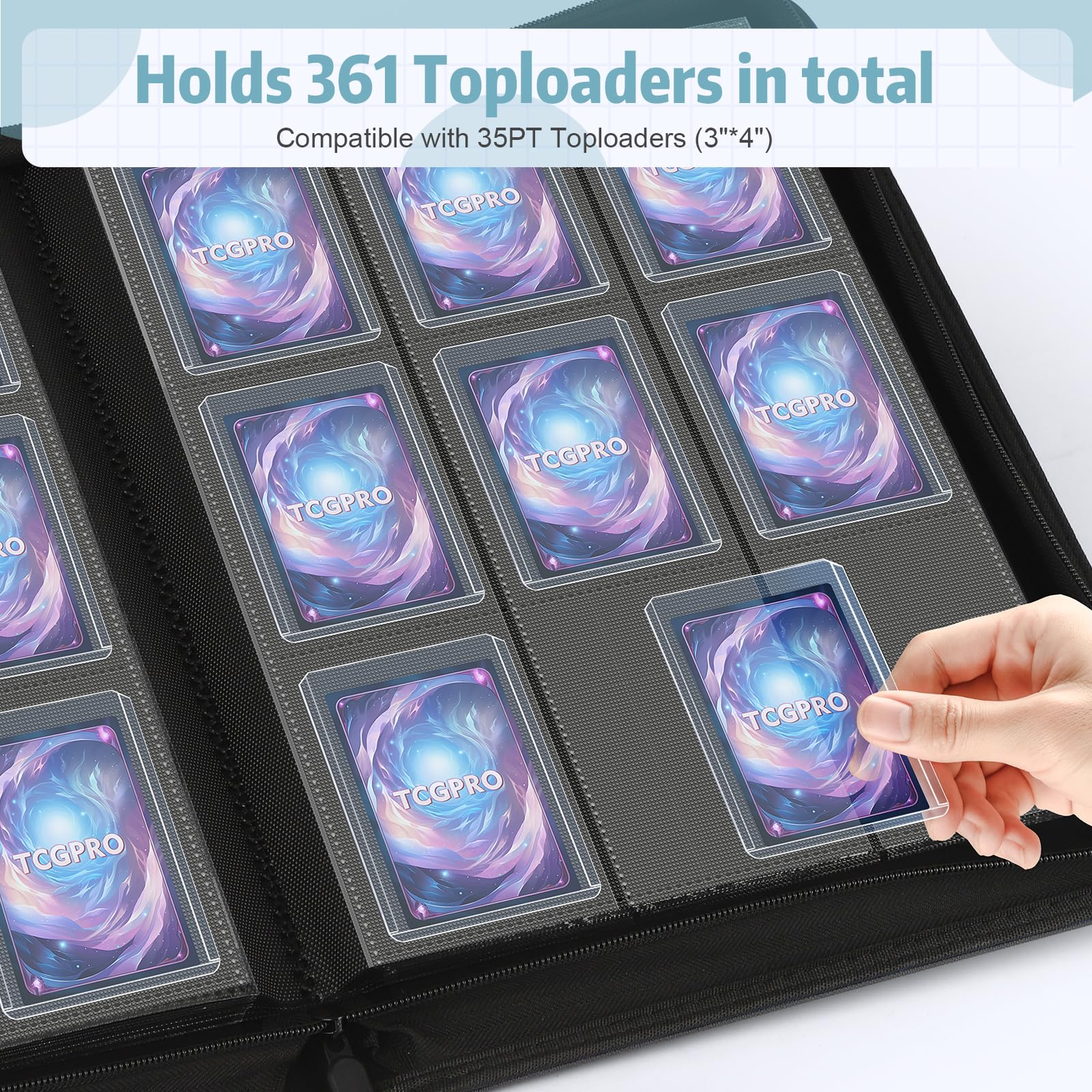 TCGPRO Toploader Binder mit Sichtfenster für 360 Karten in 3"x4" Rigid Hüllen, Toploader Album mit 9 seitliche Pocket und Reißverschluss, kompatibel mit MTG, TCG, Sports Cards etc. Schwarz