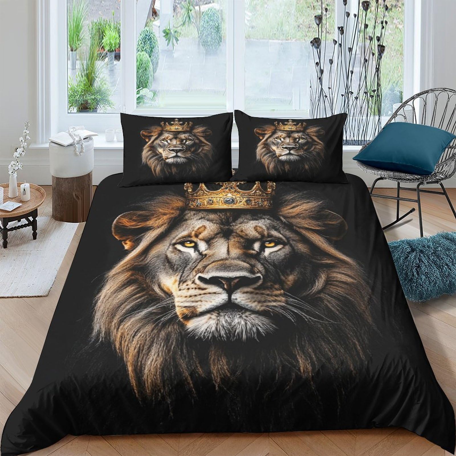 Ctjqhvkz Style-3 3D Printed Lion Crown Fitted Sheet Microfiber Anti-Slip Black King Mattress Cover Bedroom Decor Machine Washable Single（135X200cm）