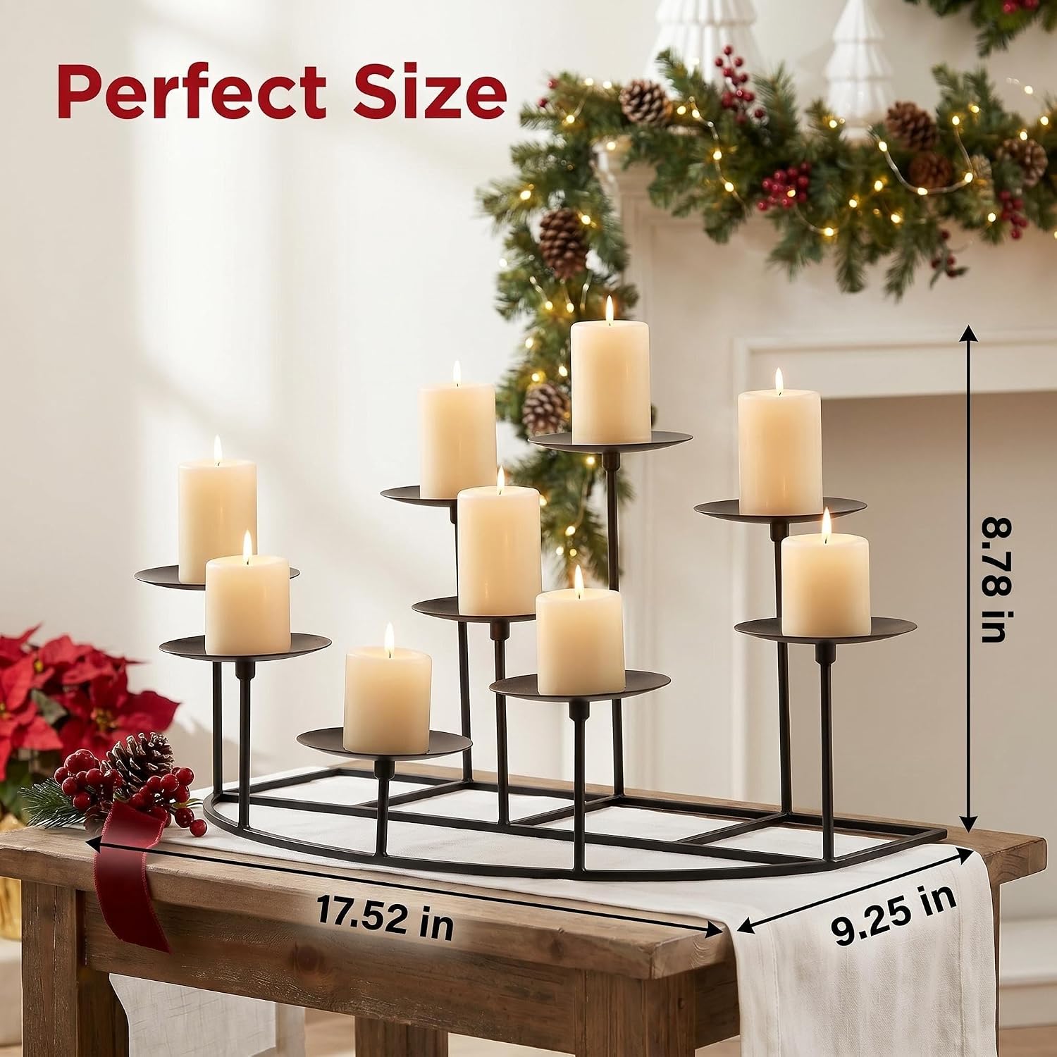 9-Tier Fireplace Candelabra Candle Holder, Modern Geometric Matte Black Metal Candle Stand with Stable Curved Base, 9 Pillar Candle Holder Centerpiece for Mantel, Table, Christmas, Wedding Decor