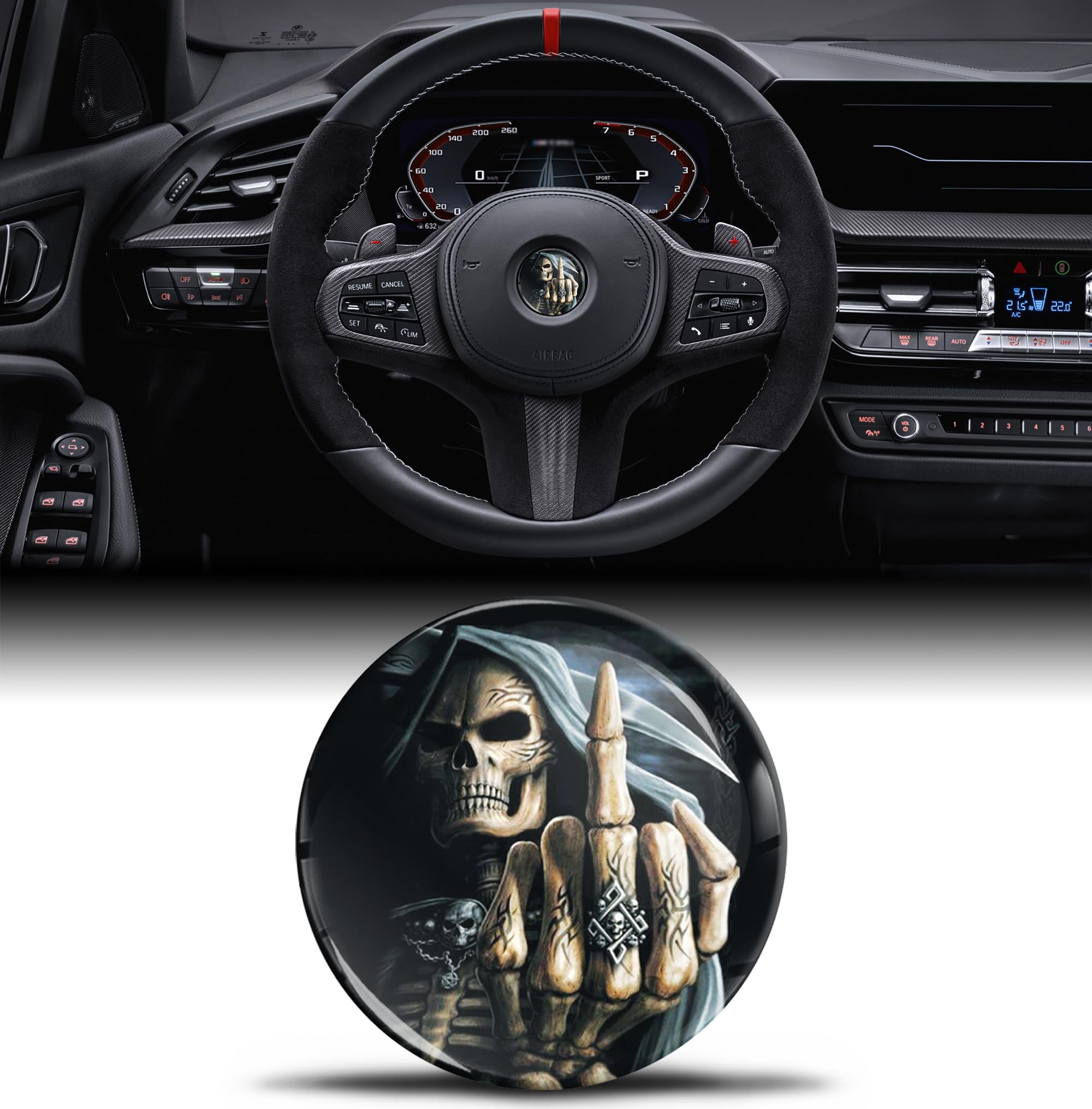 3D Silicone Sticker Compatible with BMW 36131181082 Emblem Steering Wheel 45 mm Badge Accessories Parts Decals Steering Wheel Decoration Skull V 25