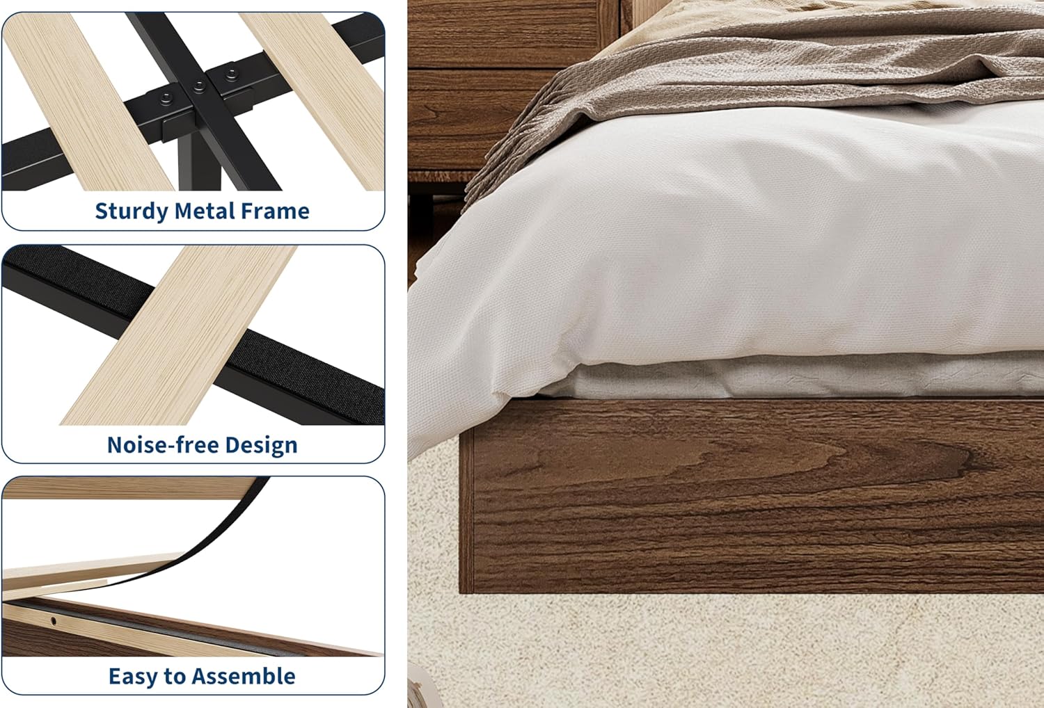 Twin XL Size Wooden Platform Bed Frame, Floor-Standing Bed Frame with Wood Slats Support, No Box Spring Needed, Low Profile, No Headboard, Easy Assembly, for Small Bedrooms, Apartments, Walnut