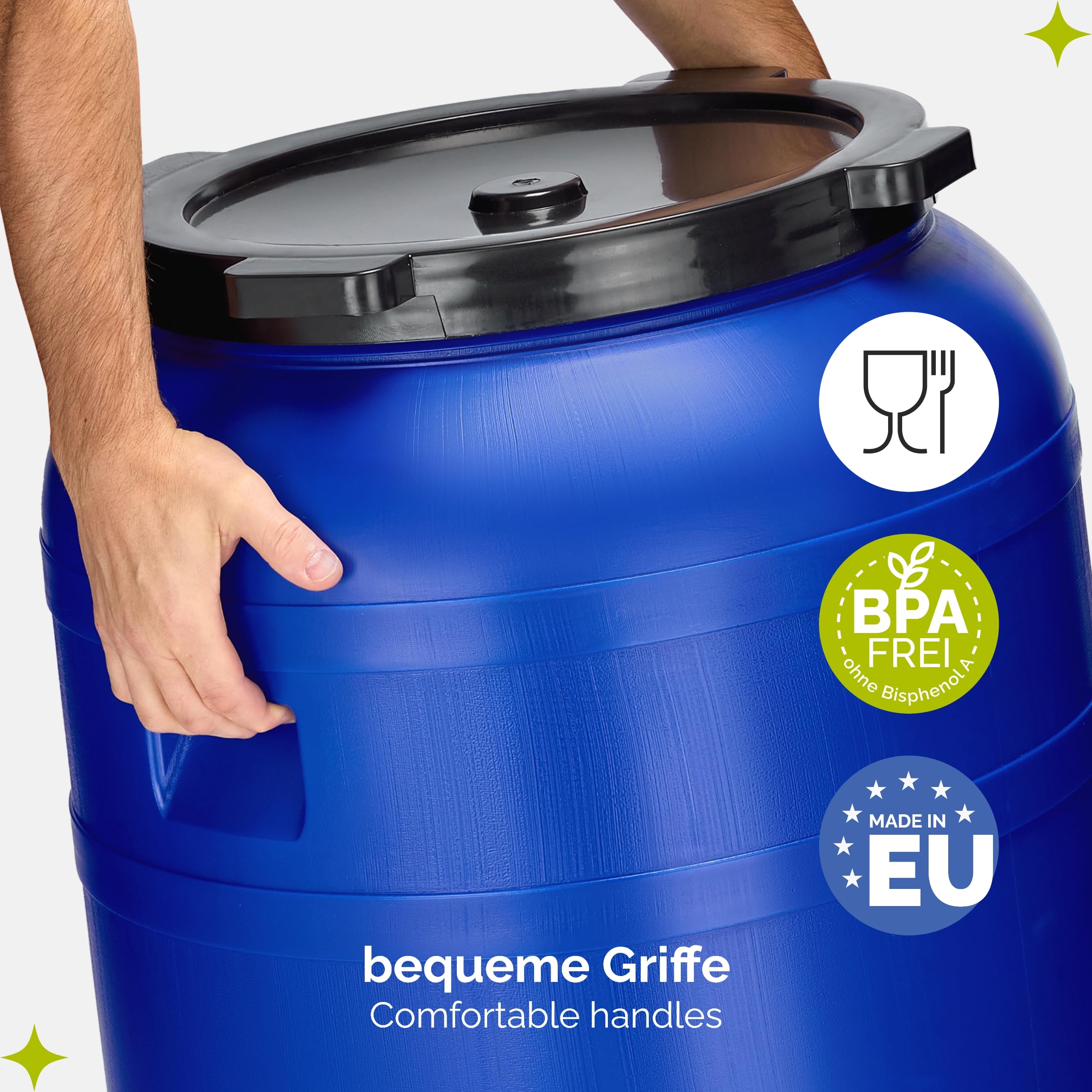 Garronda 250 Liter Weithalsfass BPA-frei Futtertonne Fass mit Hahn Universalfass Lebensmittel Fass Regenfass für Garten Regentonne mit Deckel Regenwassertonne für Garten Wassertonne GD-0092 Blau
